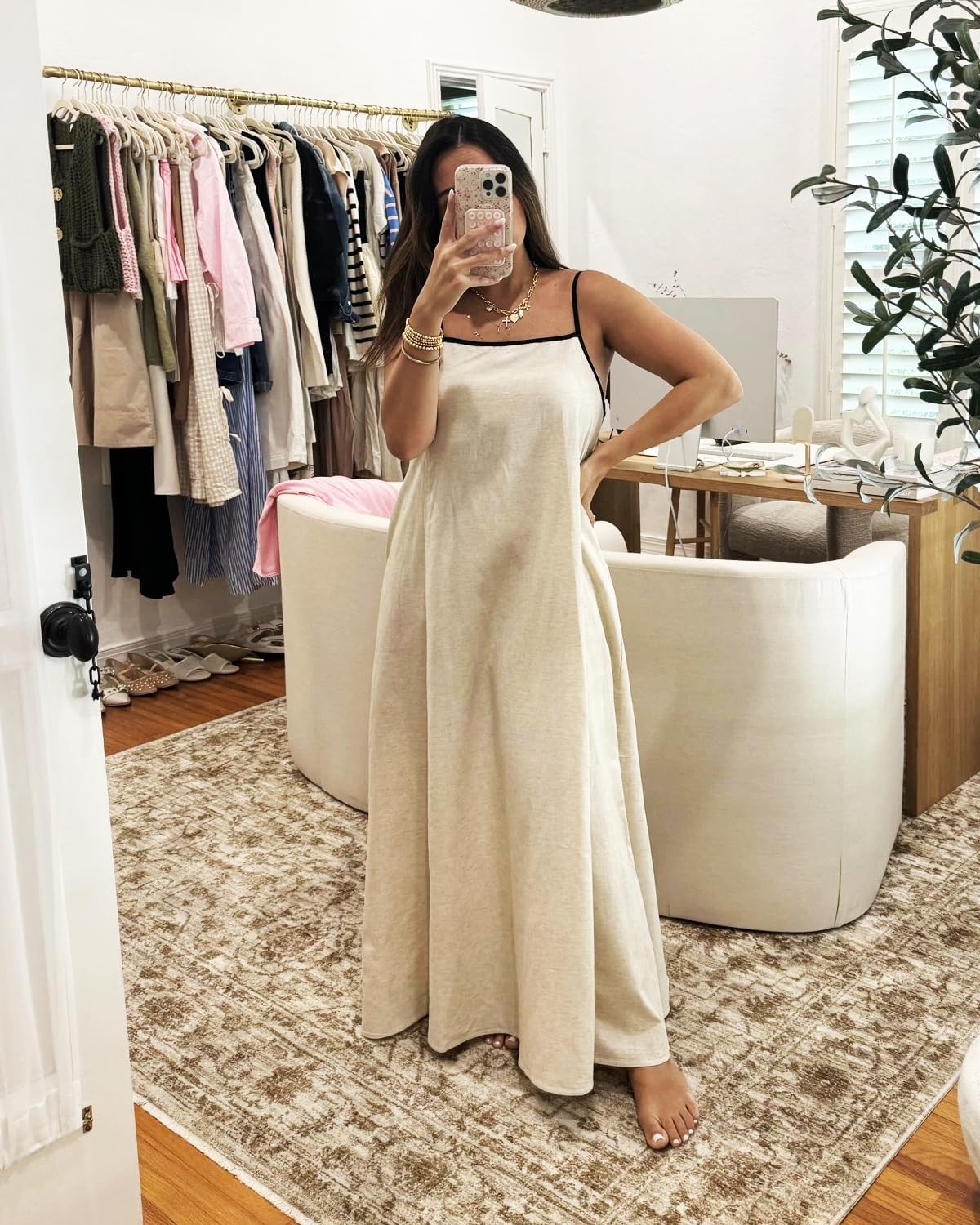 Thumbnail 6 de Shy Velvet Linen Maxi Dress (Women’s) — Back Tie, Contrast Trim & Spaghetti Straps