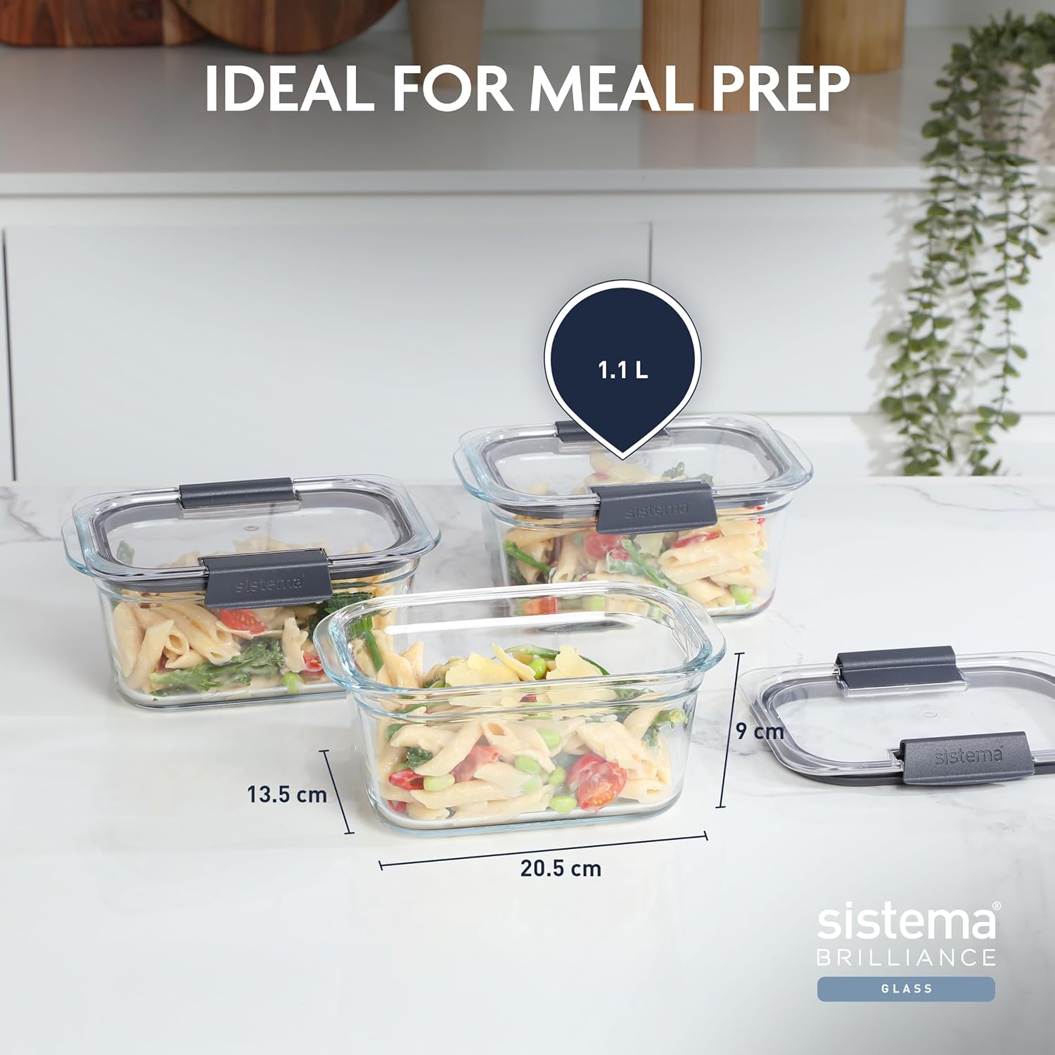 Detalle 2 de Sistema Brilliance 1.1L Glass Meal Prep Containers, 3 Pack, Borosilicate Glass