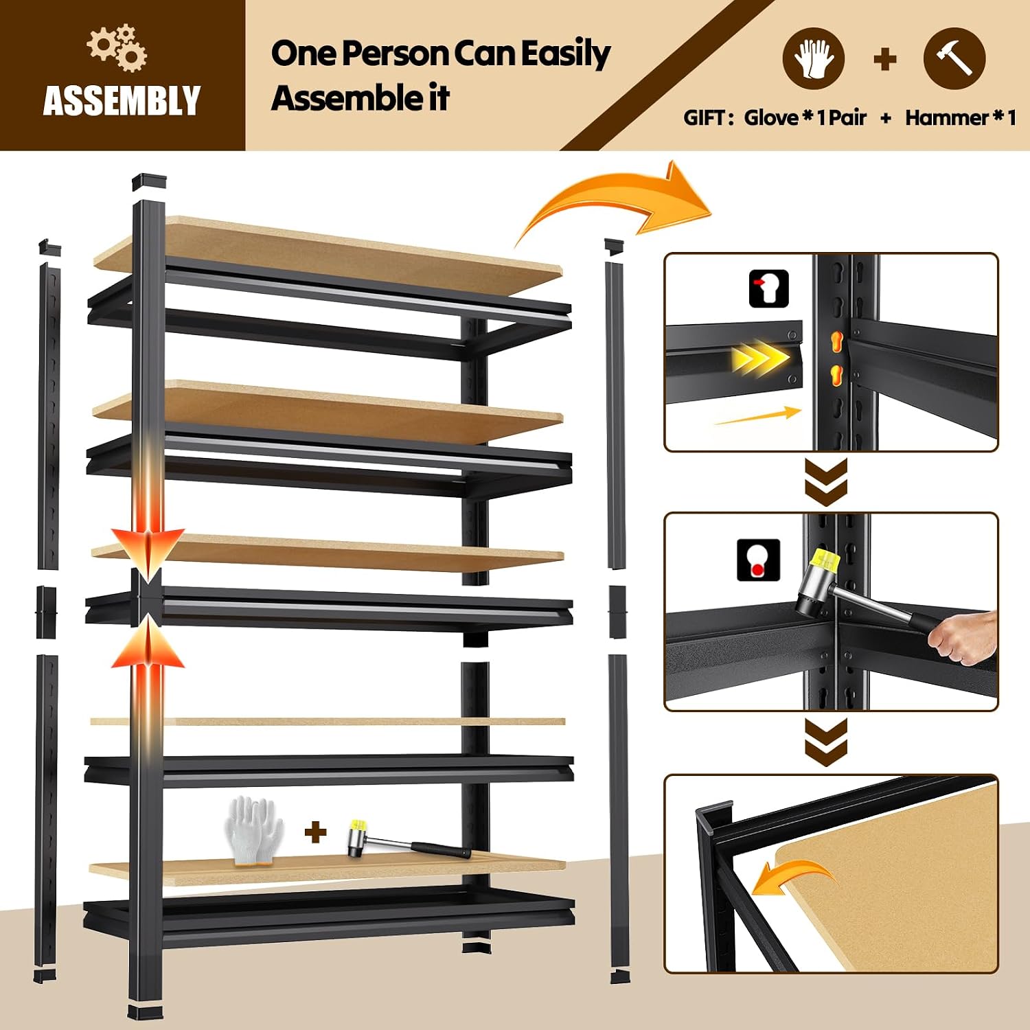 Detalle 1 de JOJUOU 5-Tier Adjustable Garage Shelving with Metal Frame and MDF Panels