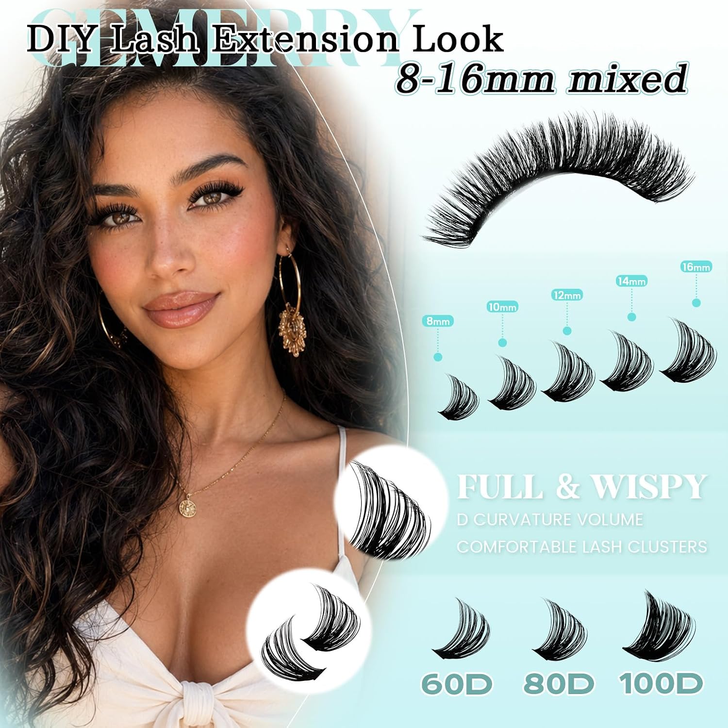 Detalle 2 de GEMERRY Lash Clusters, 60D–100D, 8–16 mm, Black D Curl