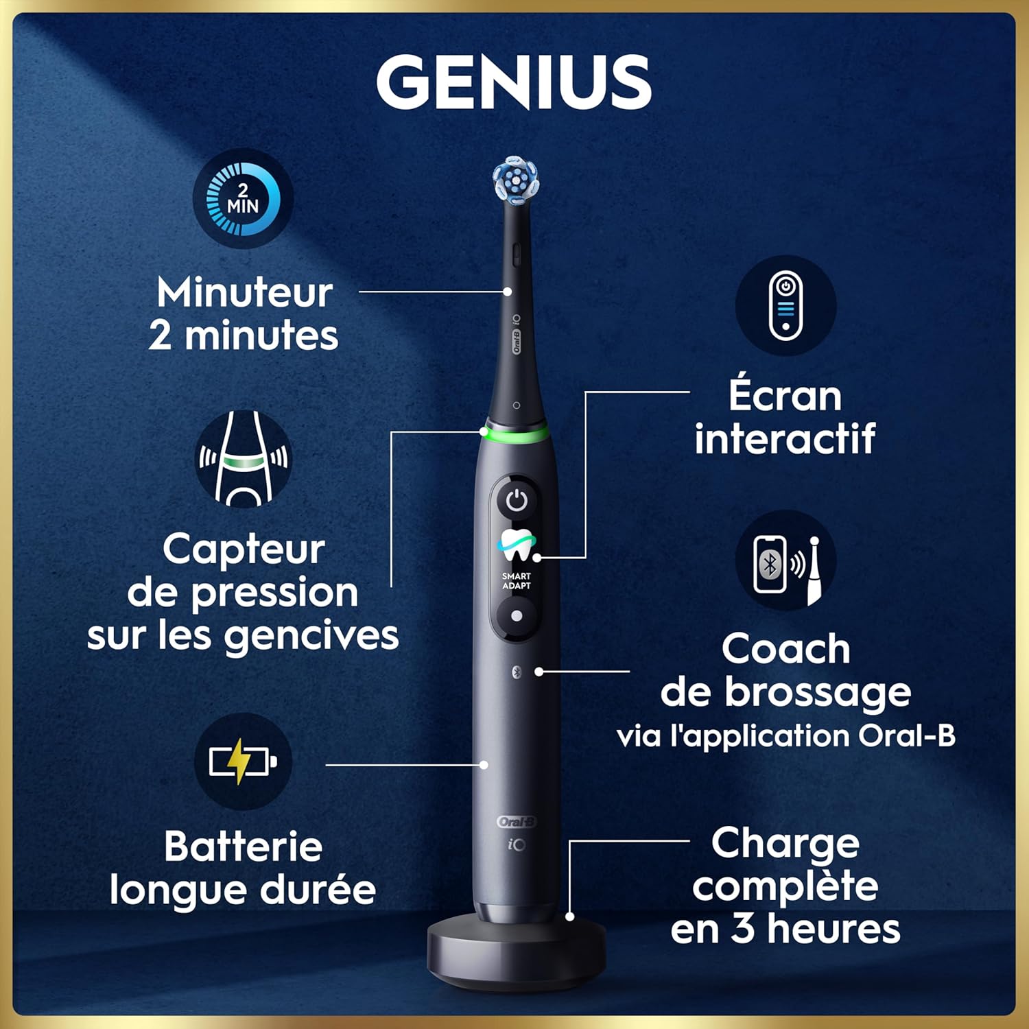 Detalle de Oral-B iO Série 9 brosse à dents électrique noire (capteur de pression, 7 modes) + 3 têtes de recharge