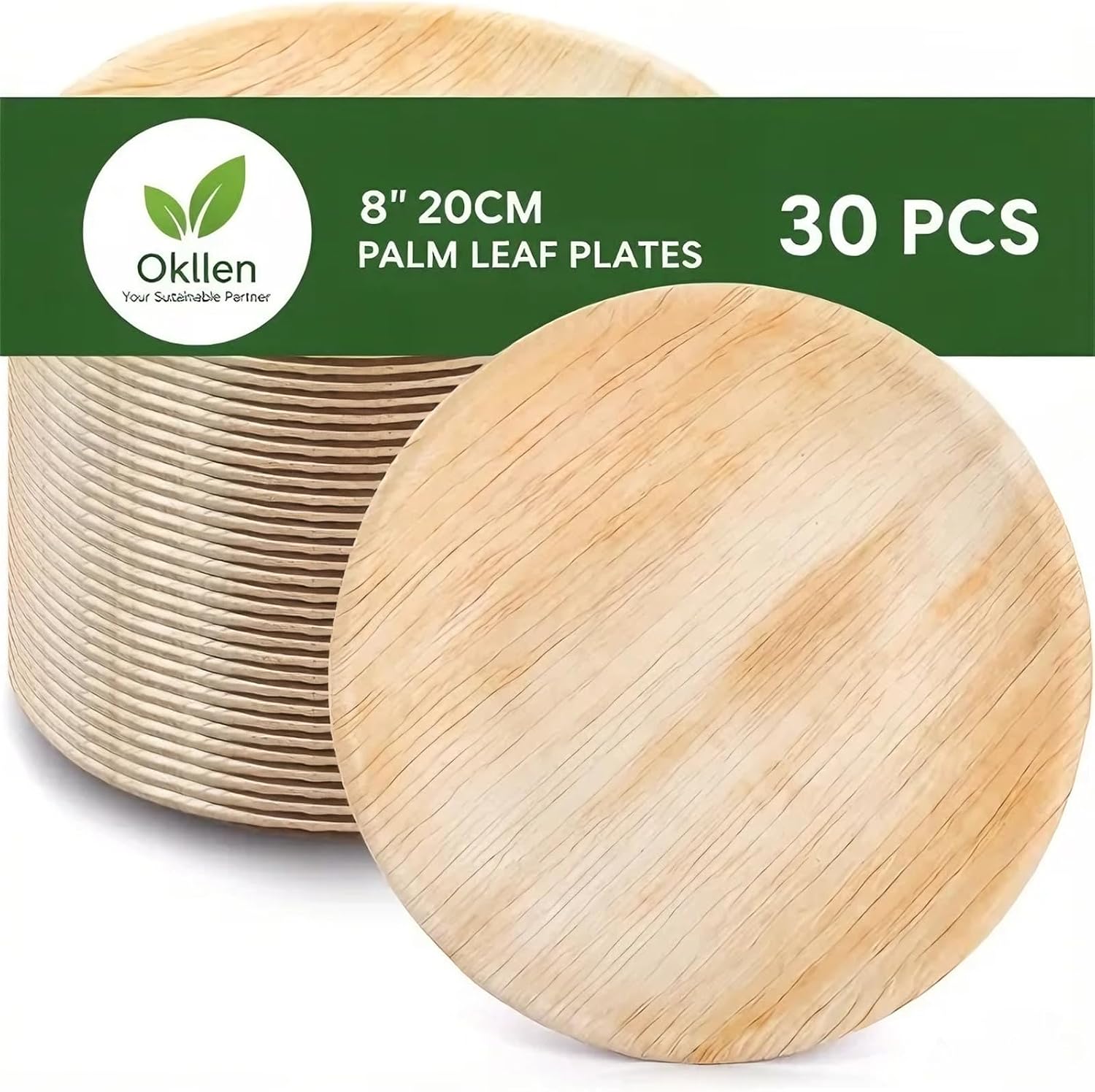 Detalle de Okllen 30 Pack Palm Leaf Plates (8" / 20cm) – Round biodegradable & compostable disposable party plates