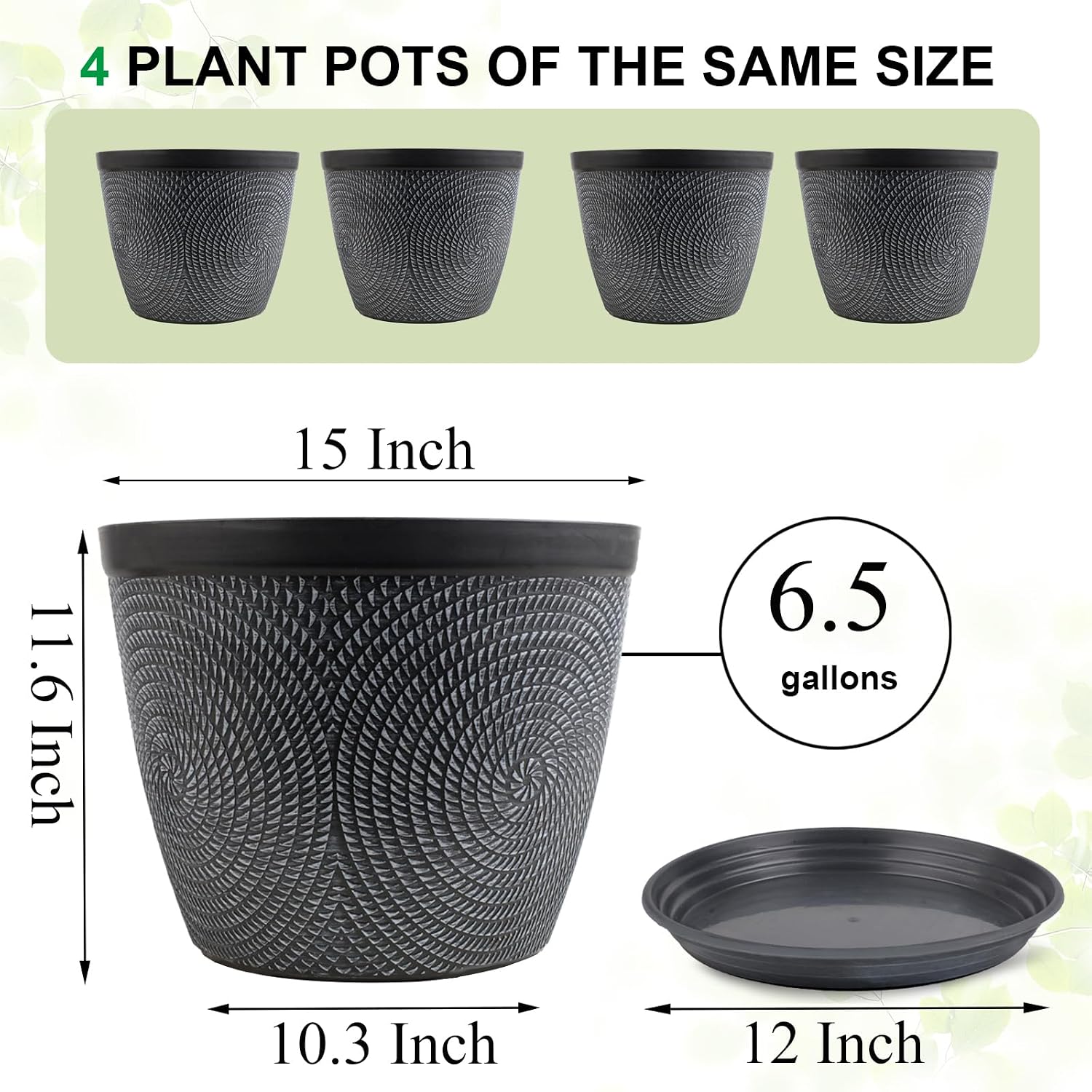 Detalle de Quarut 15-Inch Planter Pots, 4-Pack Gray Plastic with Drainage and Saucers