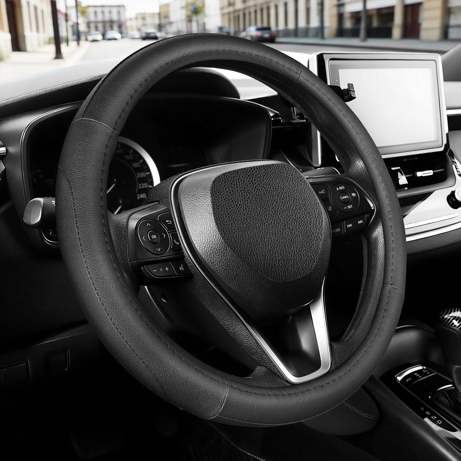 SEG Direct Microfiber Leather Steering Wheel Cover (Black) for 15.5–16 in Wheels