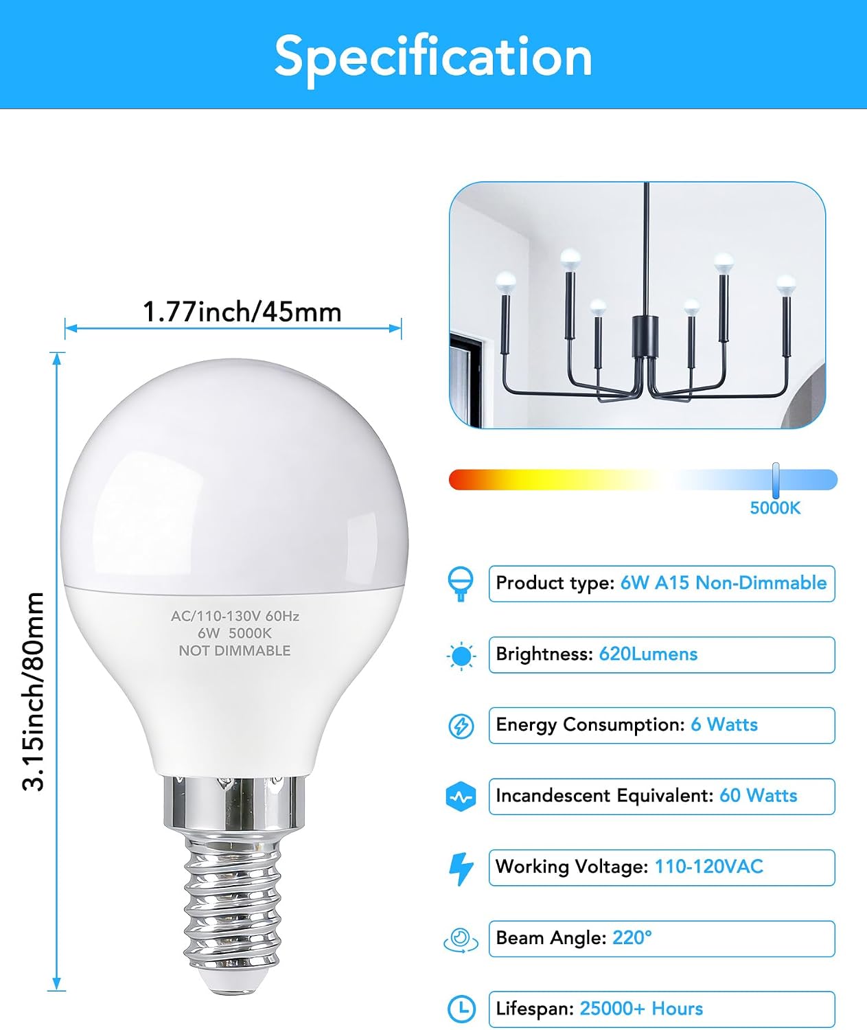 Detalle de A15 LED Light Bulbs, E12 Base