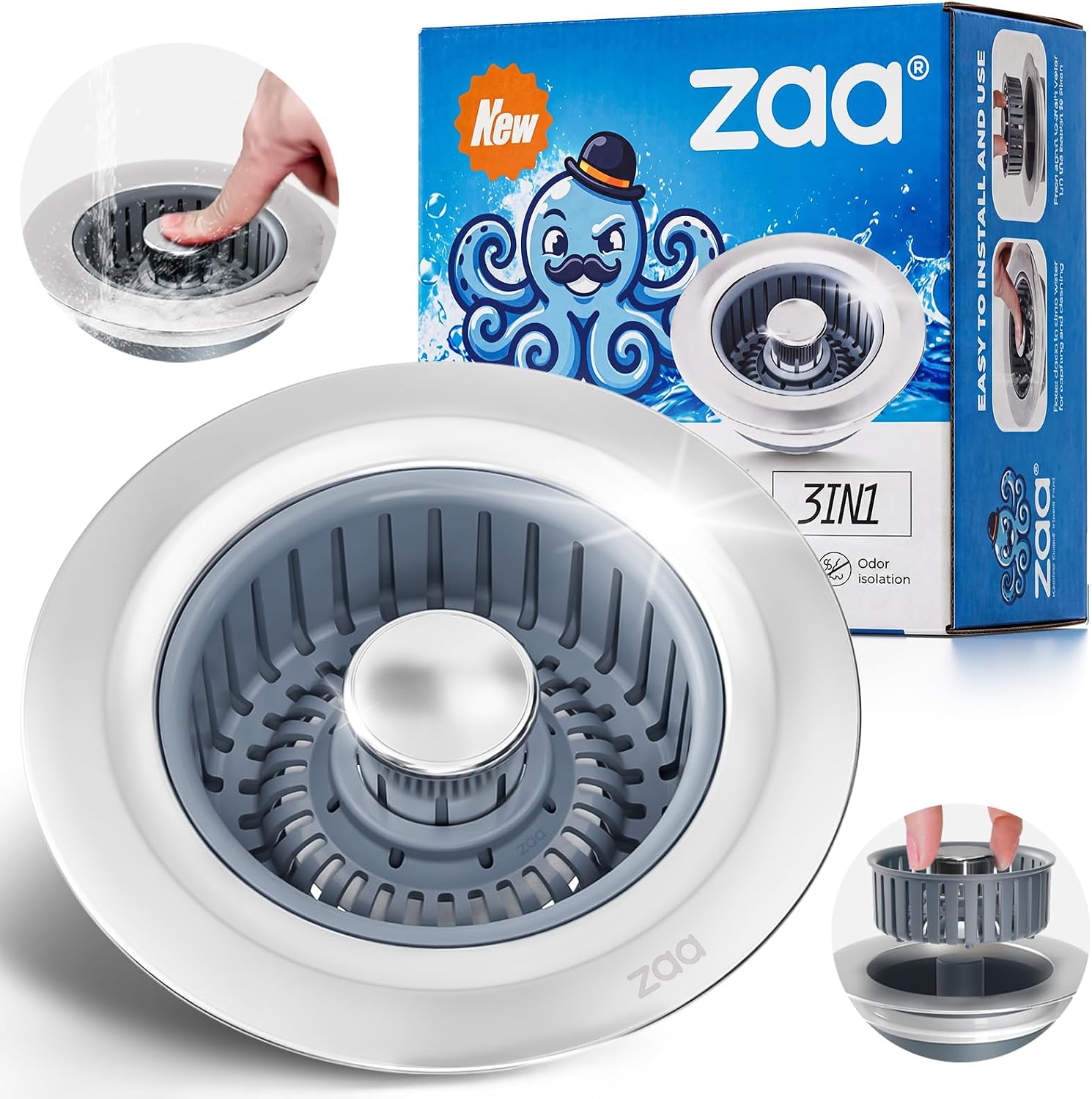 Detalle de zaa 3-in-1 Sink Drain Strainer and Stopper for 3-1/2 in Sink Holes (Silver)