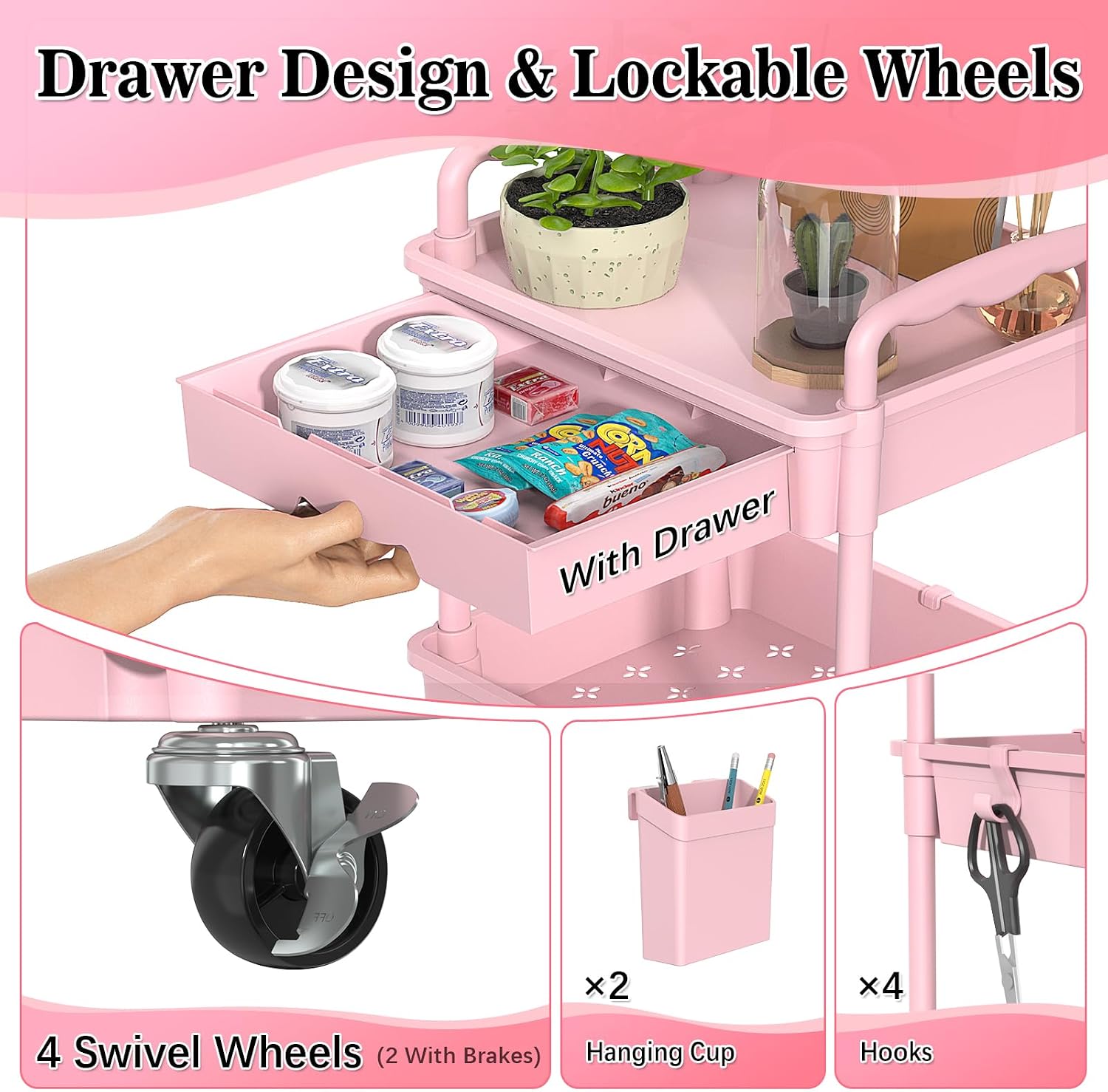 Detalle de SUNALLY SN-UC03PK 3-Tier Rolling Storage Cart with Drawer, Pink, Locking Wheels