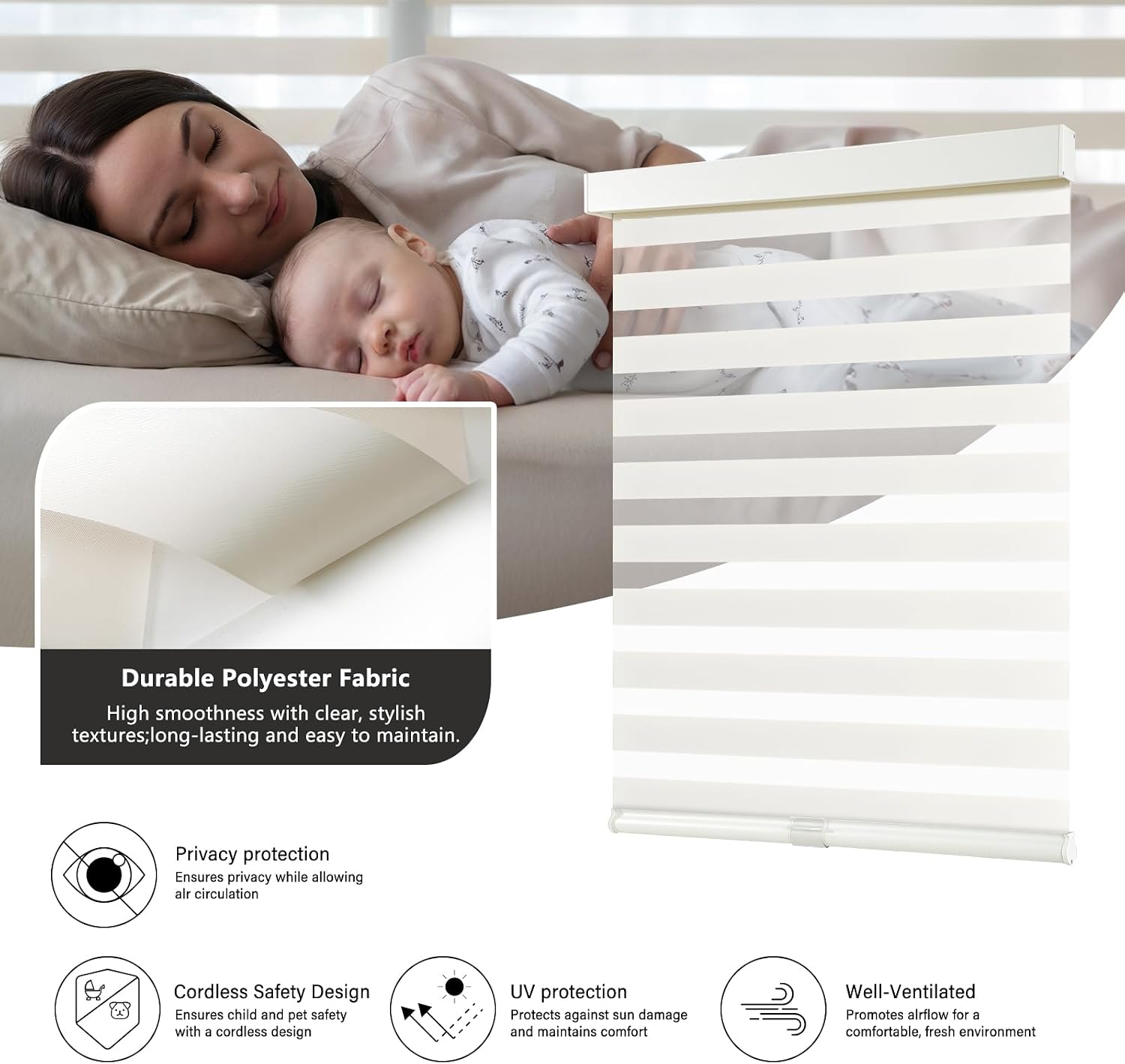 Detalle de AOSKY Cordless Zebra Blinds for Windows (30" W X 72" H) in Beige