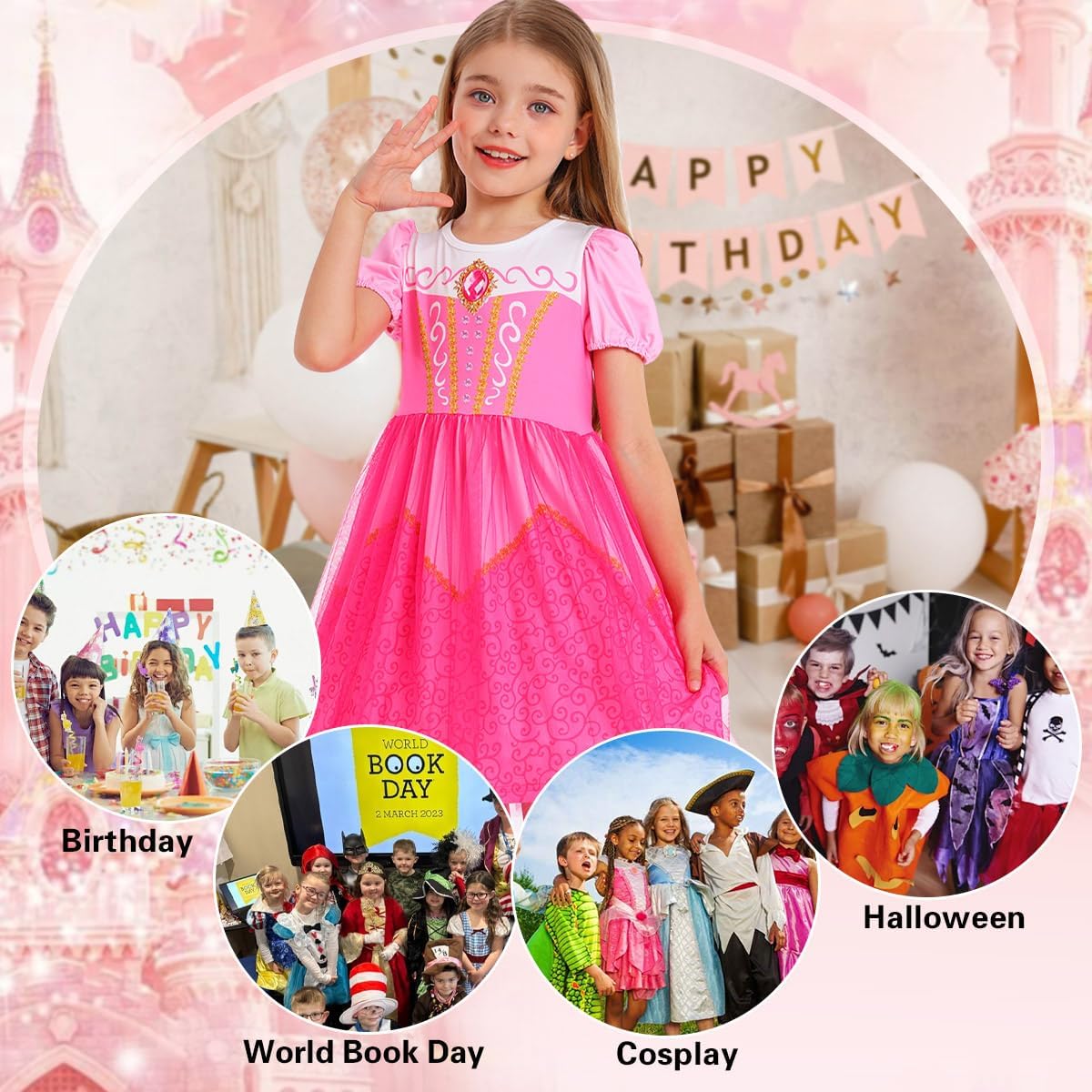 Detalle 1 de Benylion Princess Dress for Girls, Tulle Skirt, Puff Sleeves and Printed Details