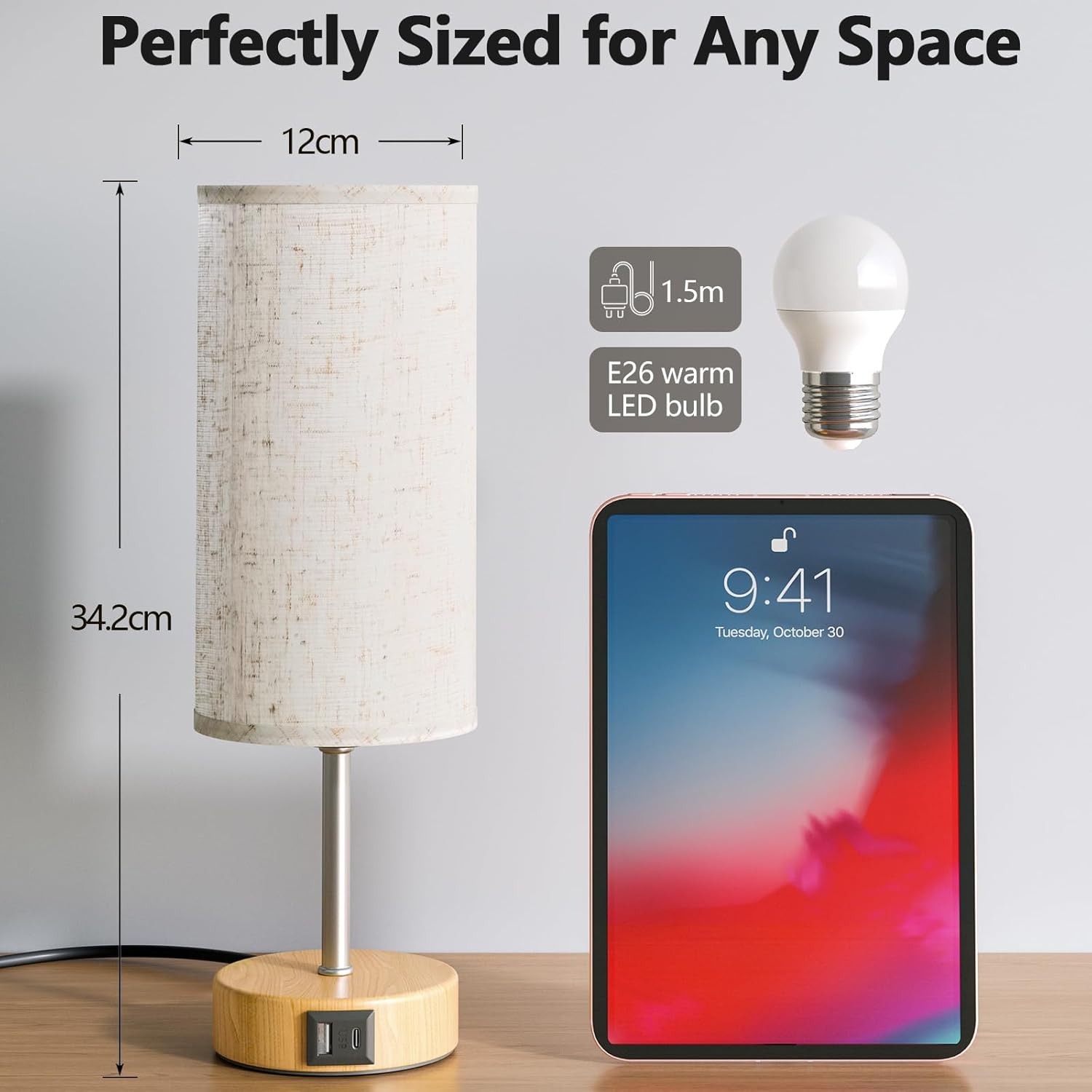 Detalle 2 de UPXNBOR Touch Bedside Lamp with USB-C port