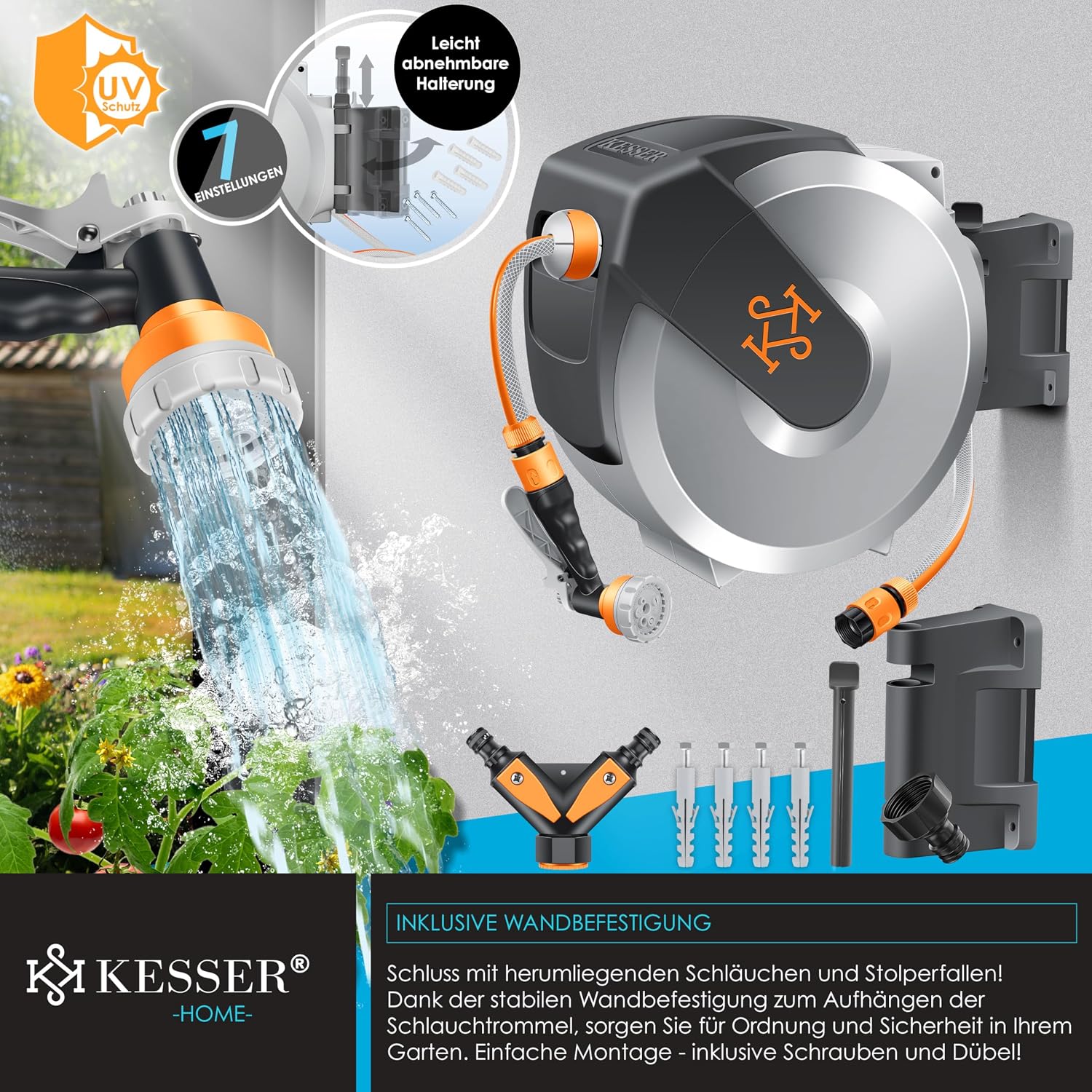 Thumbnail 2 de KESSER® Schlauchtrommel 20 m – Wandmontage, 180° Schwenk, automatische Aufrollfunktion, inkl. Handbrause
