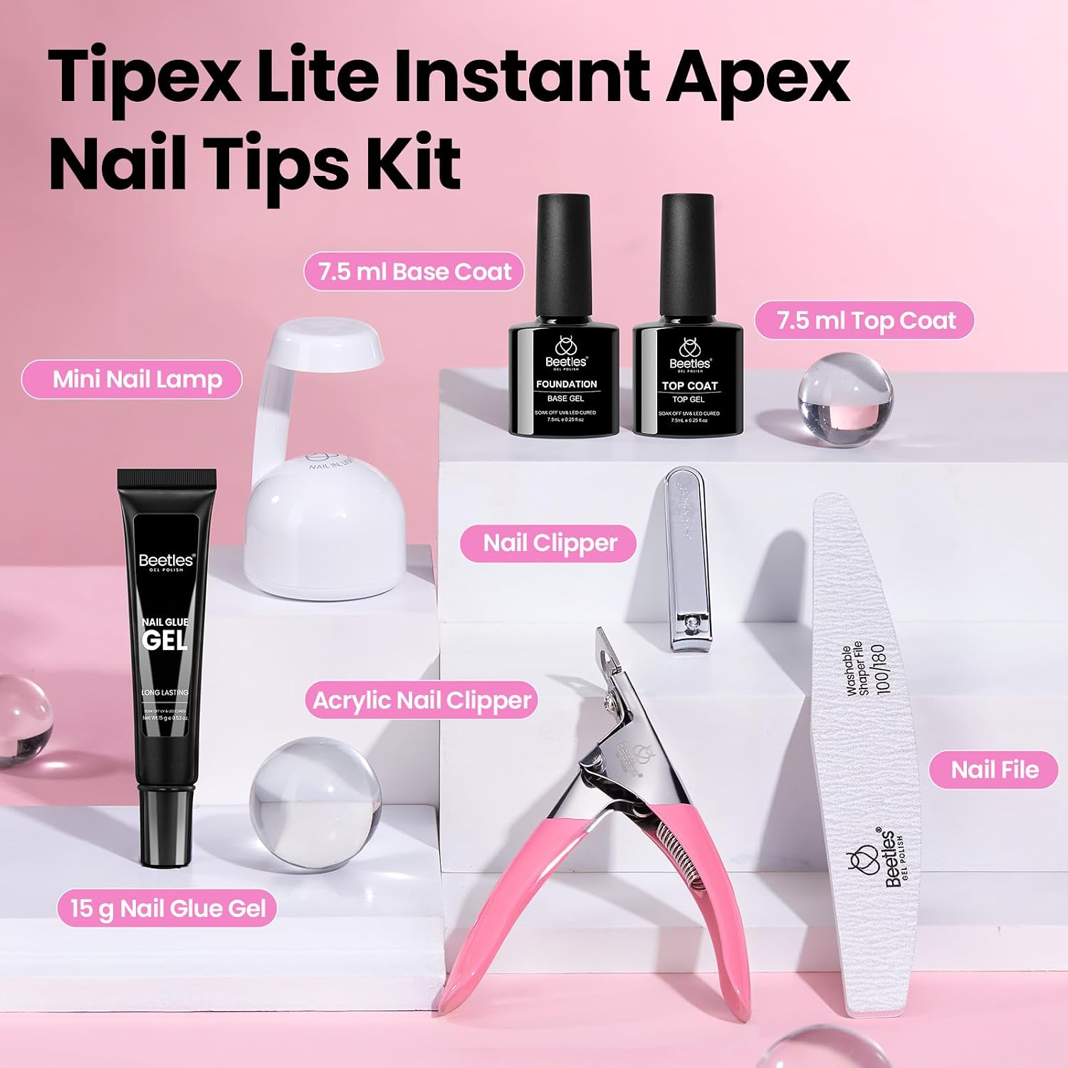 Detalle 2 de Beetles Tipex Lite Apex Nail Tips Kit: Short Square 192pcs with Glue, Base & Top Coat, Mini UV Lamp, Nail Clipper & Cuticle Nipper