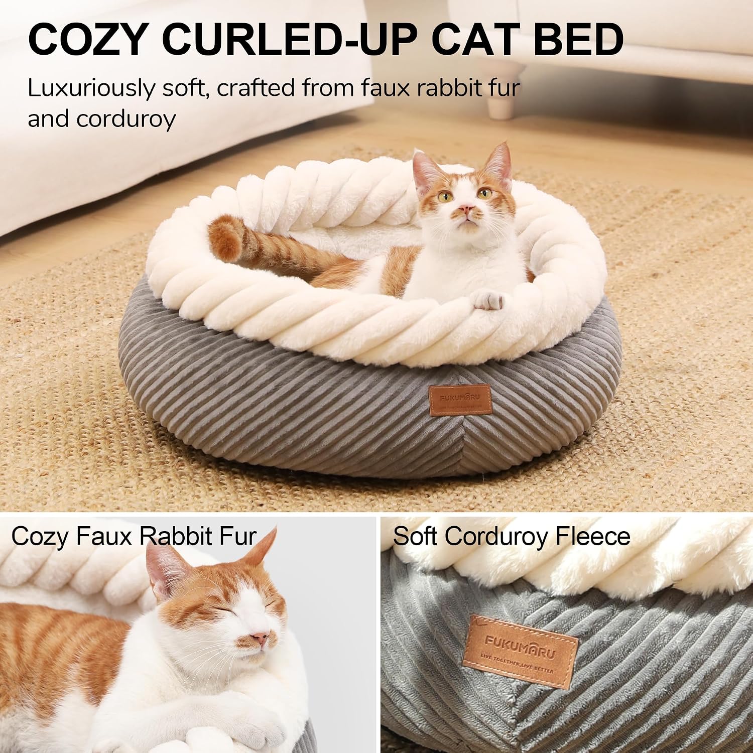 Detalle de FUKUMARU Washable Round Cat Bed with Anti-Slip Bottom, 53 cm – Grey