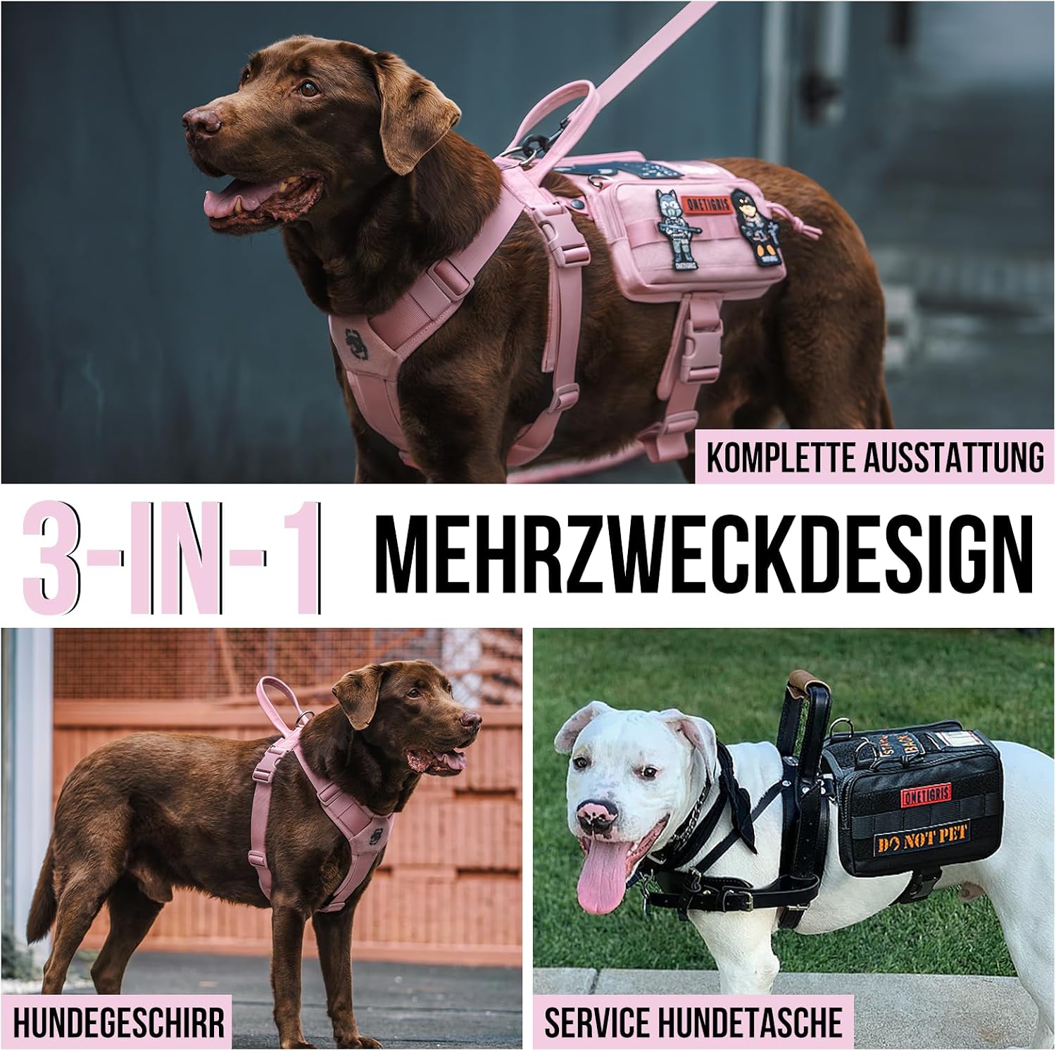 Detalle de OneTigris Harnais Guardian pour chien M - rose, 3 anneaux en D inoxydable, poche MOLLE et grande capacité