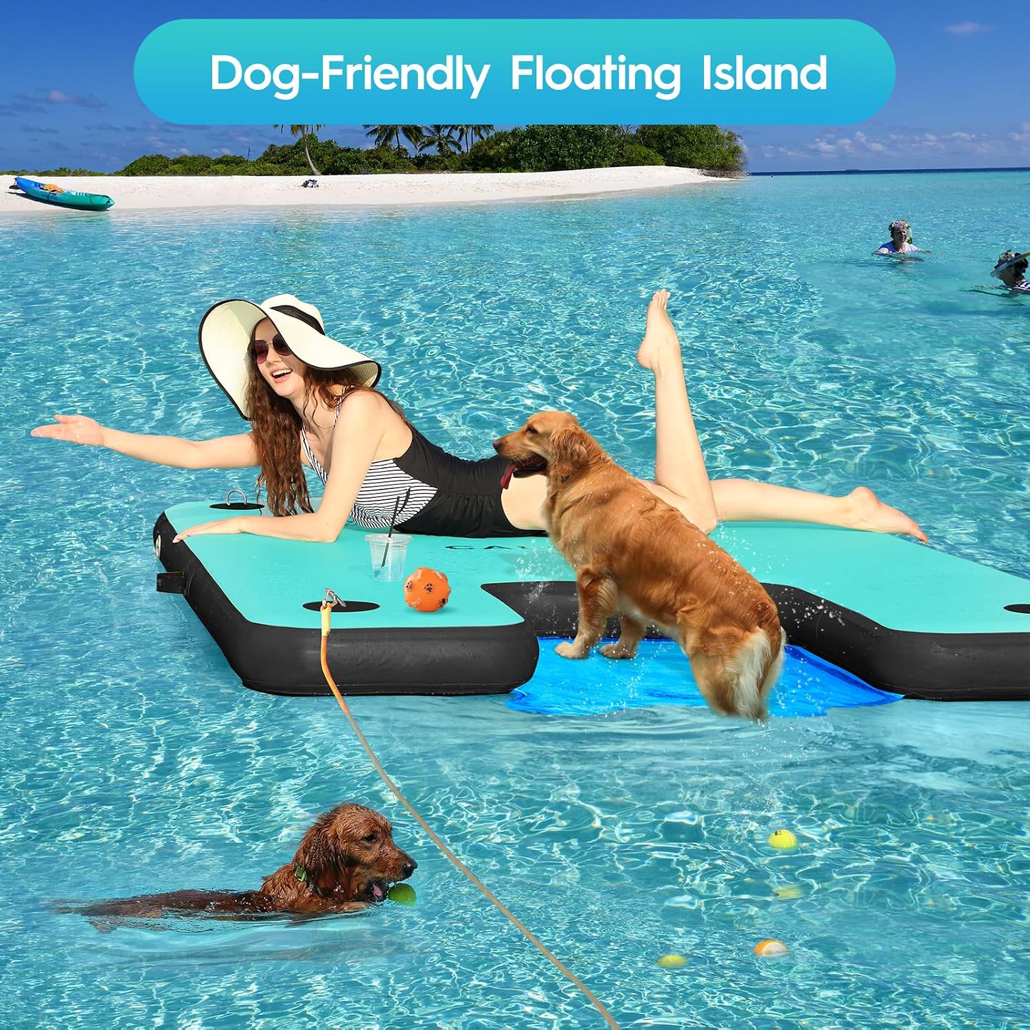 Detalle de CALOBANA Inflatable Floating Dock with Dog Ramp — 6x10 ft Platform for Adults & Pets
