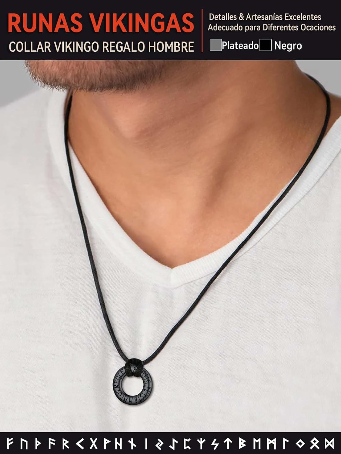 Thumbnail 2 de FaithHeart Collar Vikingo con runas en acero inoxidable 316L (negro, círculo pequeño) para hombre y mujer