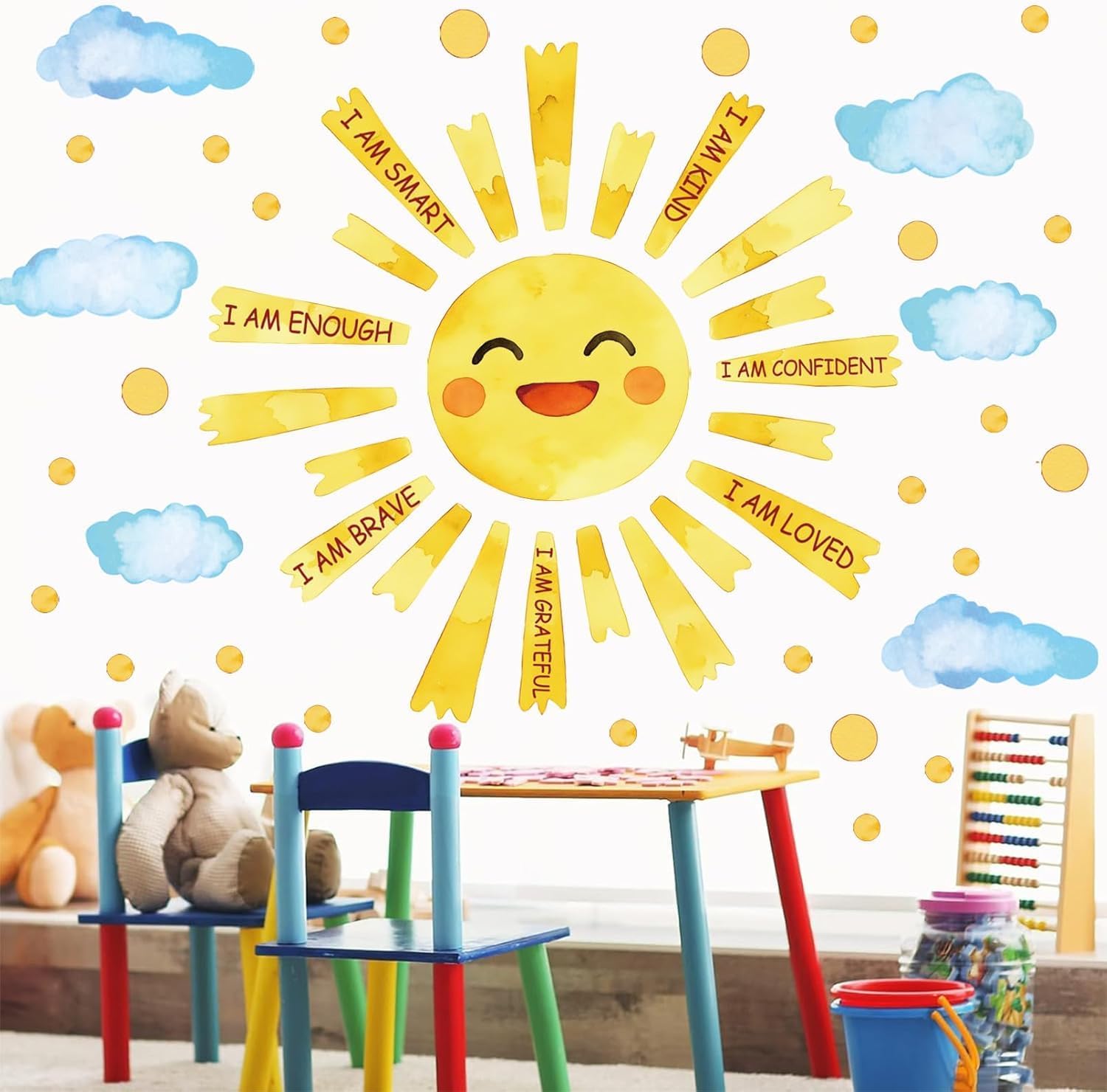 Detalle de ANHUIB Inspirational Quote Sun Wall Decal – 98 x 30 cm, Cloud, Polka Dots and Motivational Quotes for Kids' Rooms