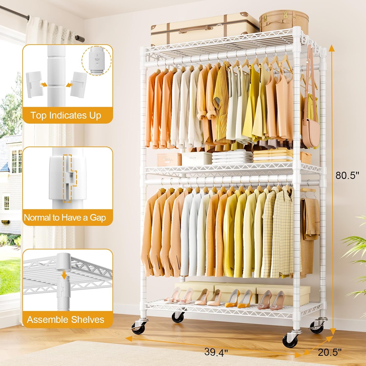 Detalle de ULIFHOME P5 Rolling Clothes Rack with Double Rods, 3-Tier Shelves and Wheels
