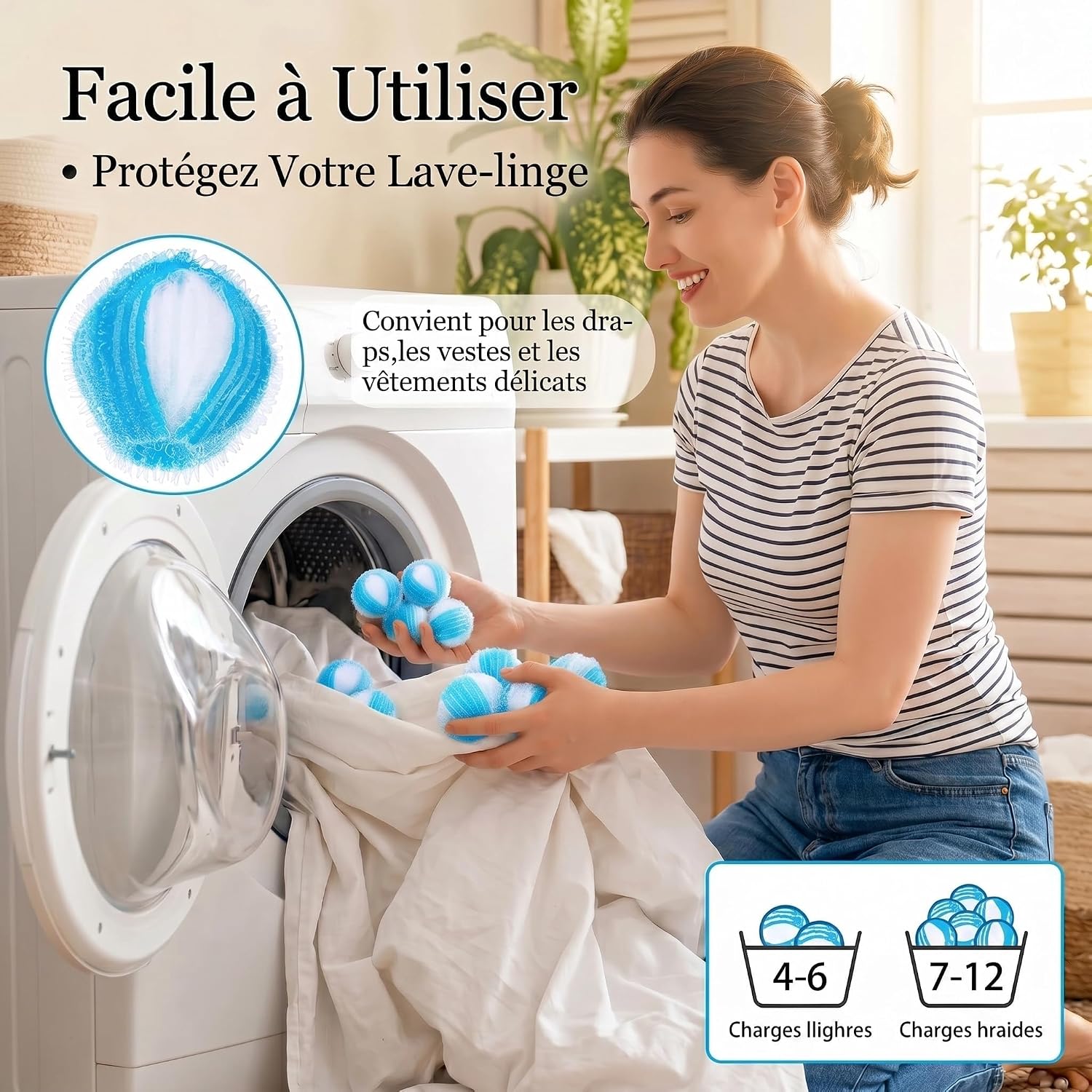 Thumbnail 5 de 12 Pièces Attrape Poils Machine à Laver – Boules Réutilisables Anti-Poils (bleu)