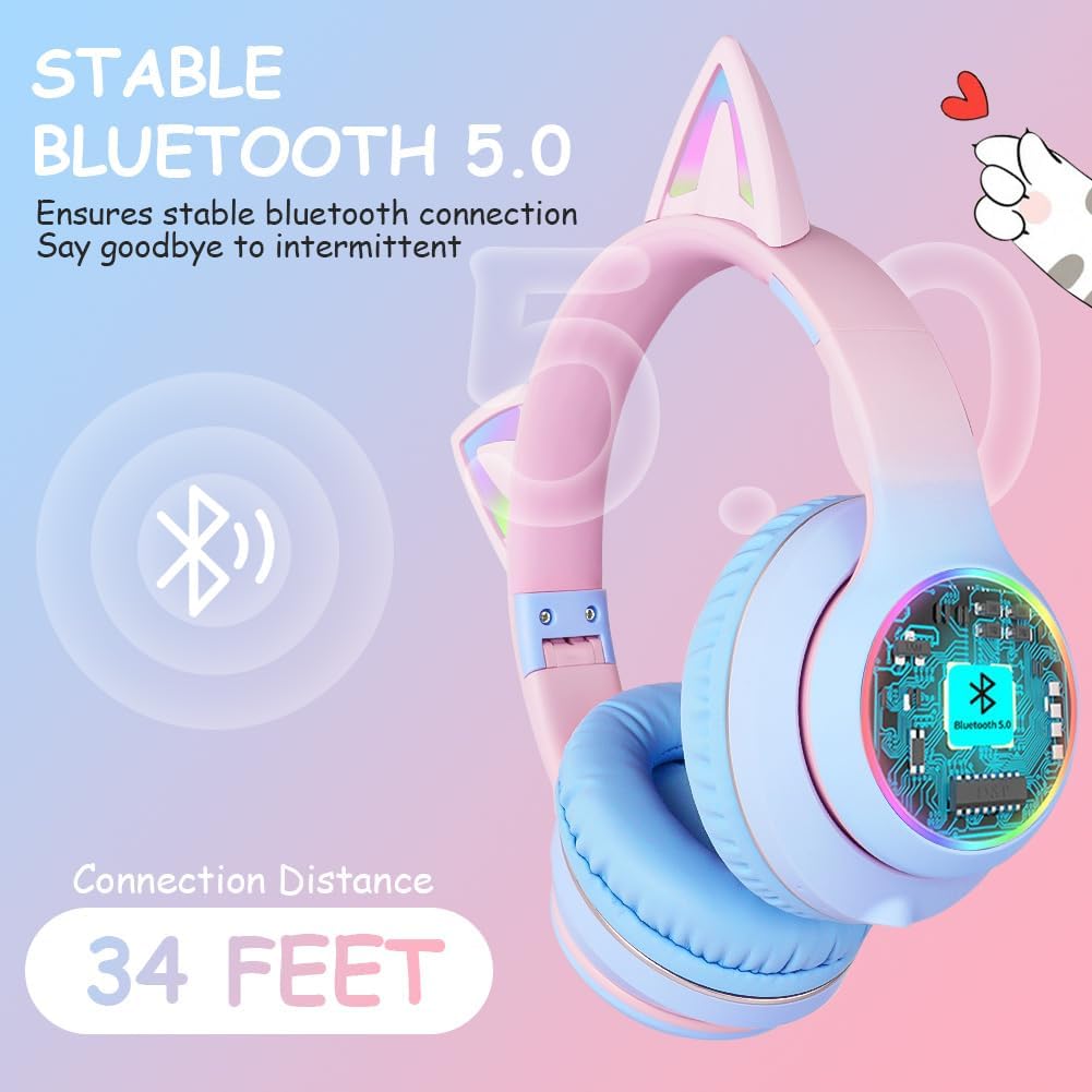 Thumbnail 2 de AXFEE Kinder-Kopfhörer mit Katzenohren – Bluetooth Over-Ear, LED, faltbar, Mikrofon, SD/TF, 105 dB Sicherung (Blau)