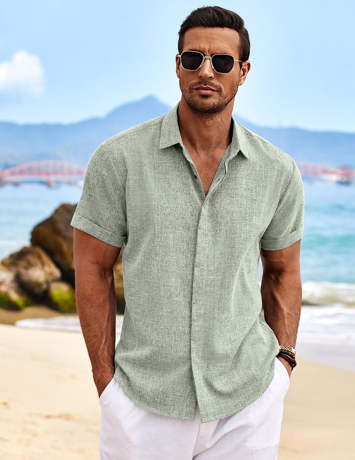 Detalle de COOFANDY Men's Linen Shirt Short Sleeve – Light Green, XL