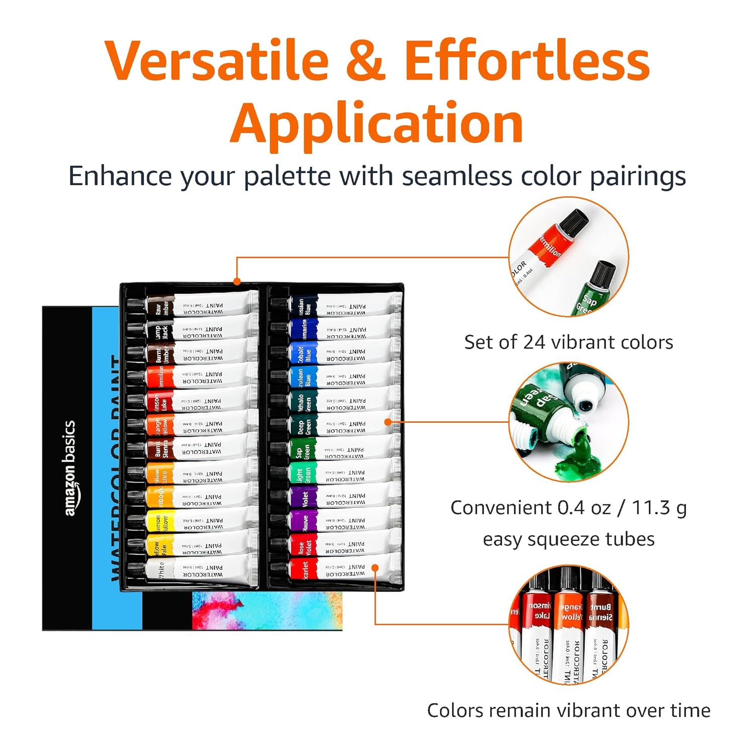 Detalle de Amazon Basics Vibrant Watercolour Paint Set – 24 Tube Colours (12 ml) for Watercolour Paper