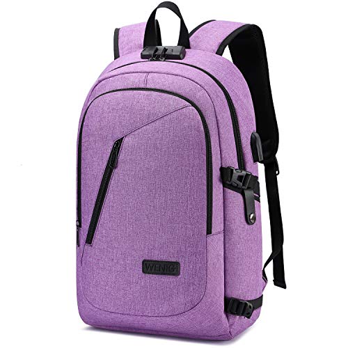 Detalle de WENIG Mochila Portátil para Mujer 15.6" — Impermeable, Antirrobo y USB, color Púrpura