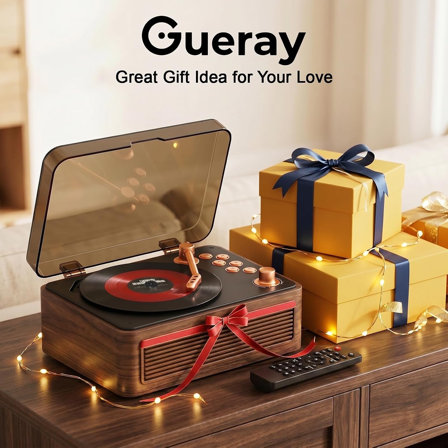 Detalle 2 de Gueray Lecteur CD Bluetooth Portable avec Haut-Parleurs — Design Vintage Bois de Noyer, 3600mAh