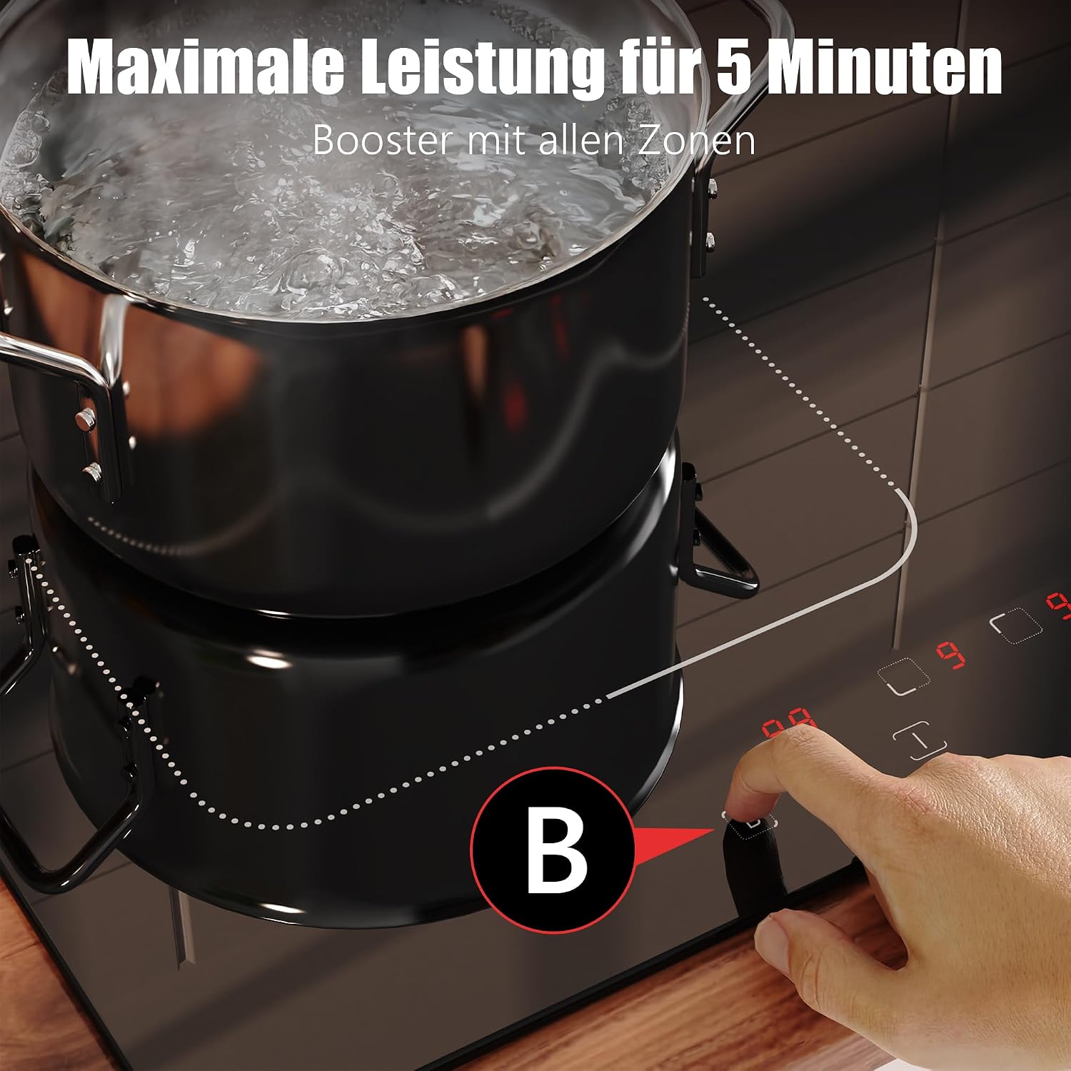 Detalle de Karinear Induktionskochfeld 60 cm 7200W mit Flexzone – 4 Platten, Touchscreen & Sicherheit