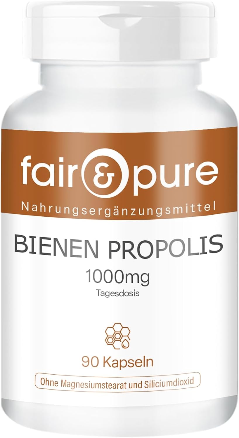 Detalle de Fair & Pure Bienen Propolis 1000mg Tagesdosis – 90 Kapseln, natürliches Bienenharz, hergestellt in Deutschland