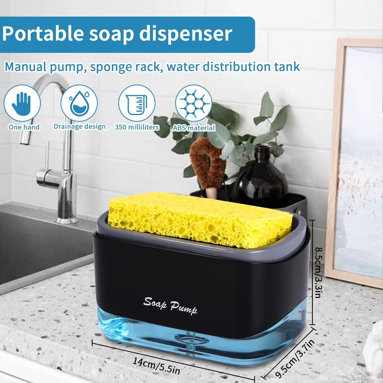 Detalle de Yulado 1 4-in-1 zwarte vaatwasmiddeldispenser met sponshouder