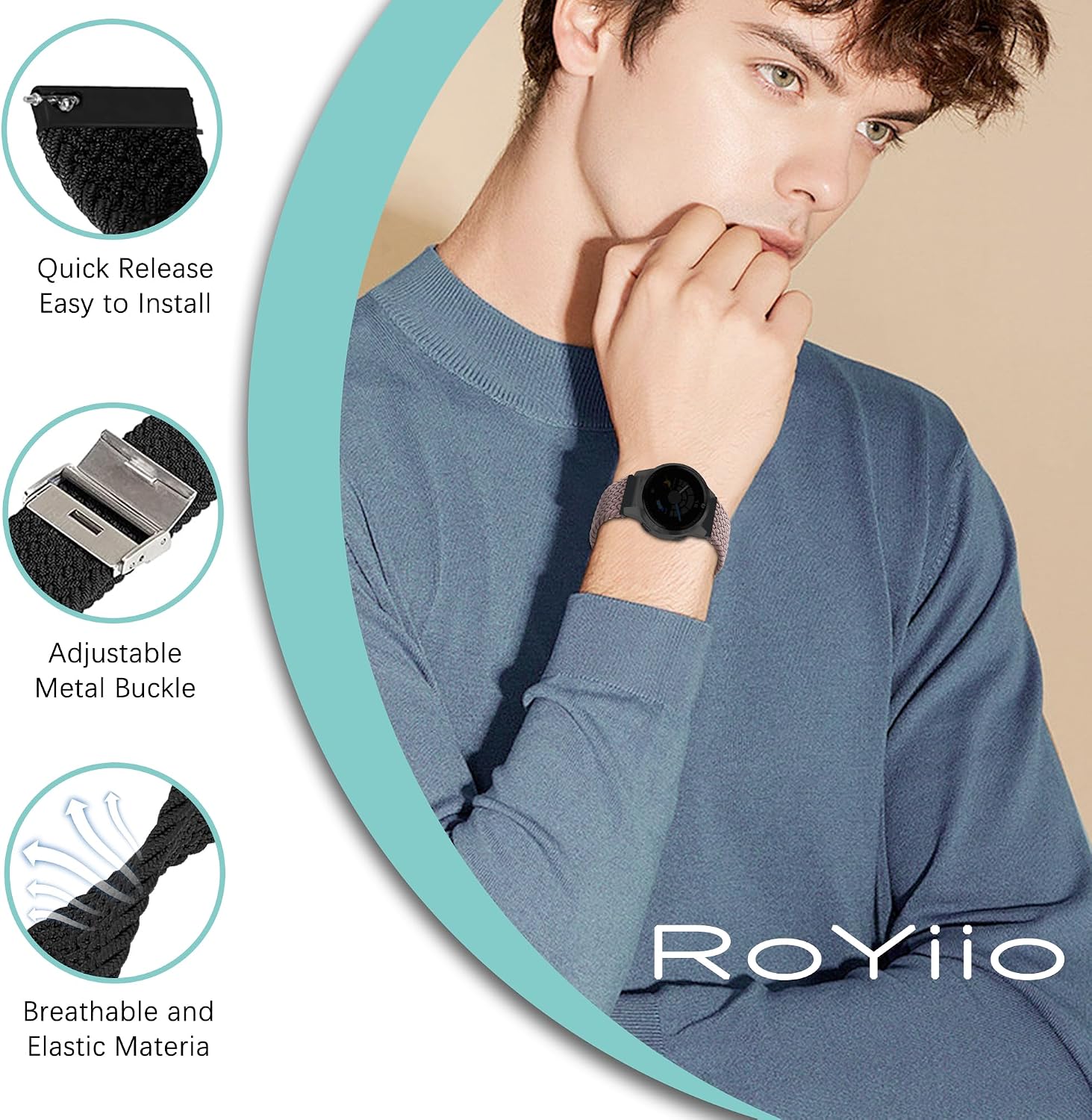 Thumbnail 1 de RoYiio gewebtes Nylon-Uhrenarmband (Anstoßbreite 22 mm) mit Schnellverschluss – Rauch Lila