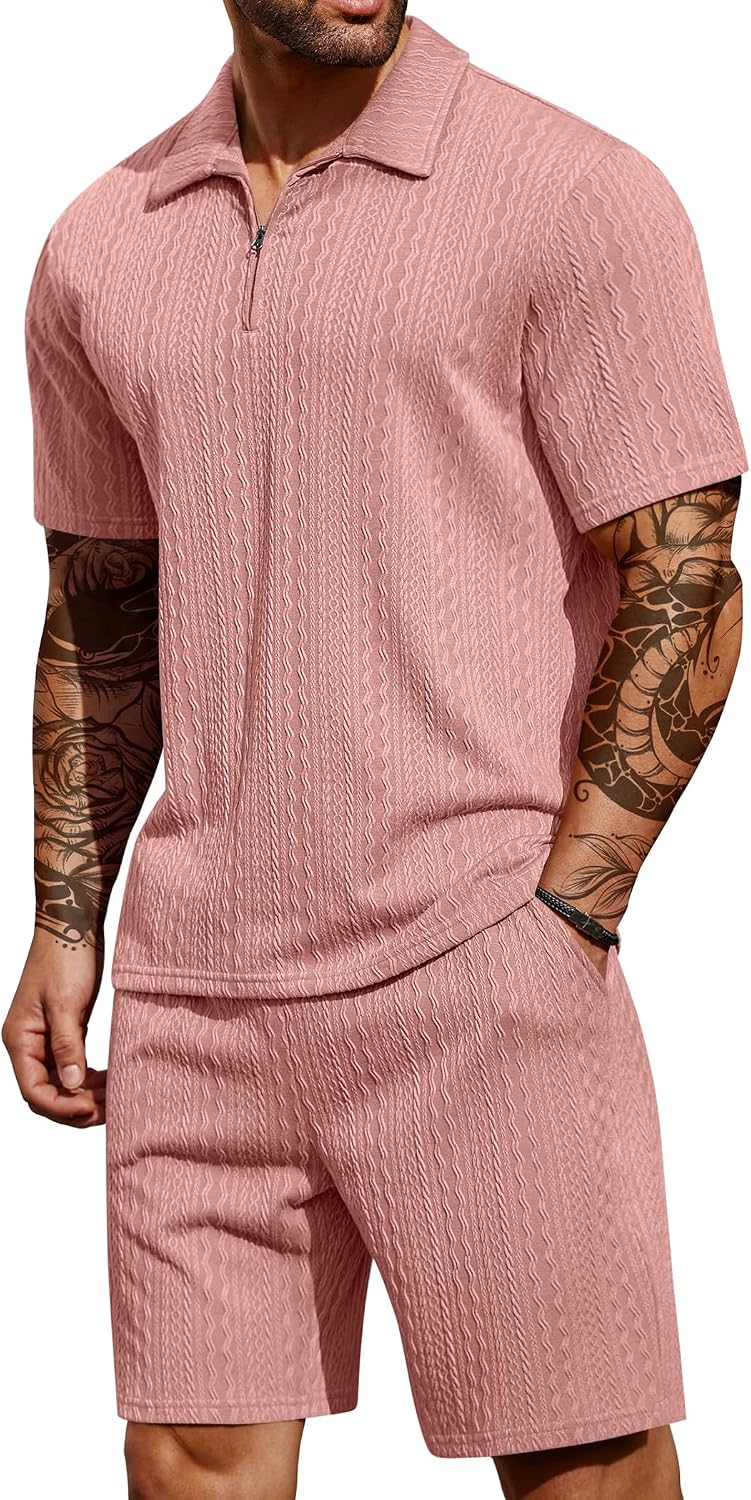 Detalle de COOFANDY Men's 2 Pieces Outfits Casual Quarter Zip Polo Shirt and Shorts Set