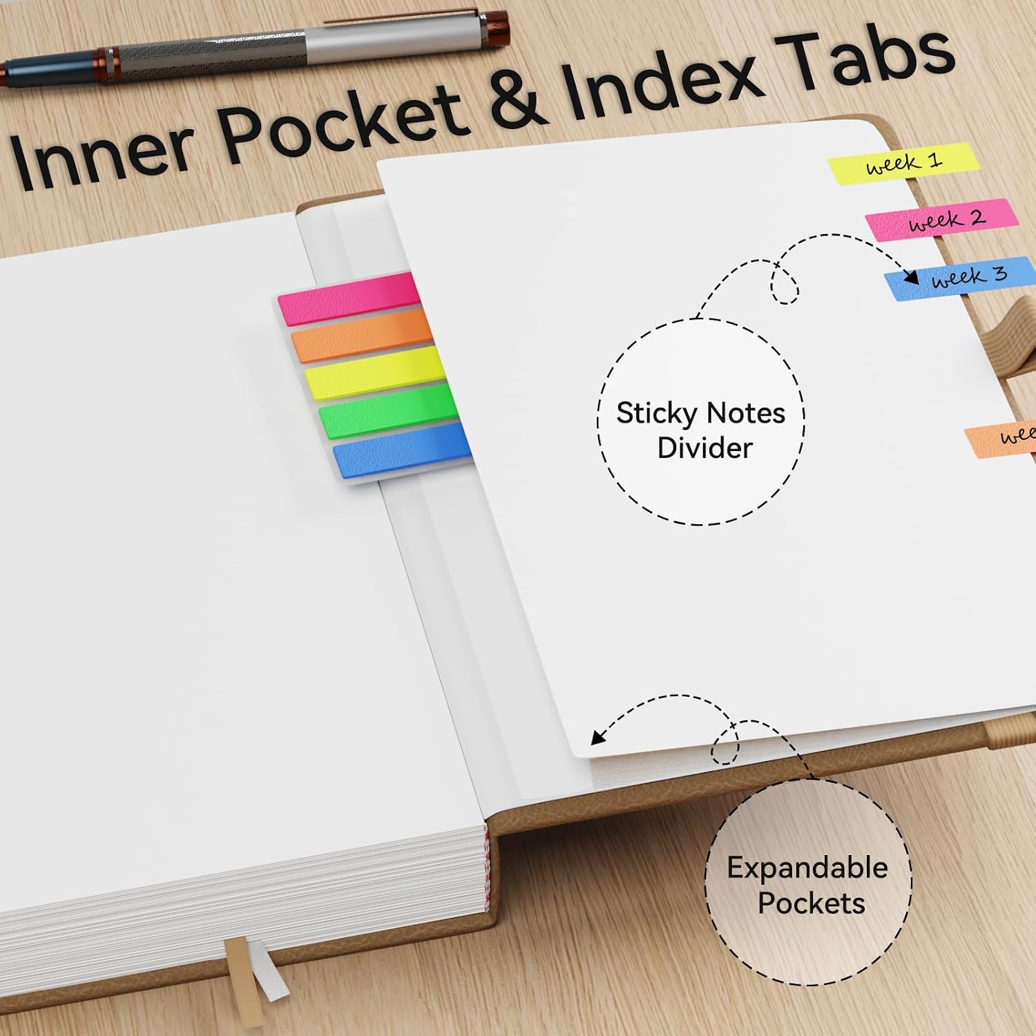 Detalle 2 de NORDUN Notebook A5 360 Pages: Dotted Notebook with Sticky Notes & Inner Pocket