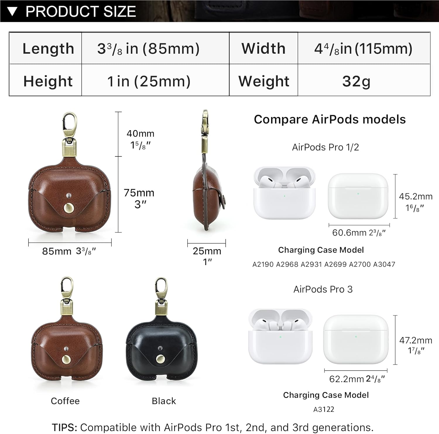 Thumbnail 1 de CONTACT'S FAMILY Leather Case for AirPods Pro 3 (Coffee) with Key Hook