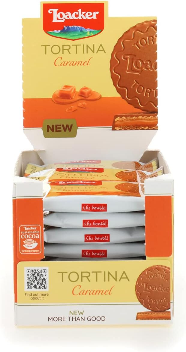 Detalle de Loacker Tortina Caramel: croccanti wafer, crema al caramello e cioccolato al latte in confezione convenienza