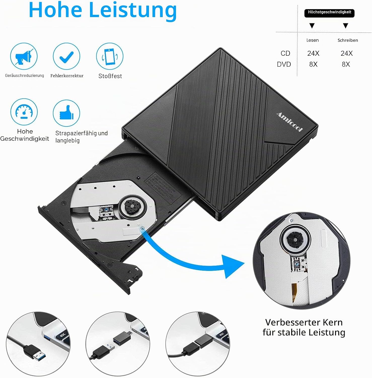 Detalle 2 de Amicool Externes DVD Laufwerk USB 3.0
