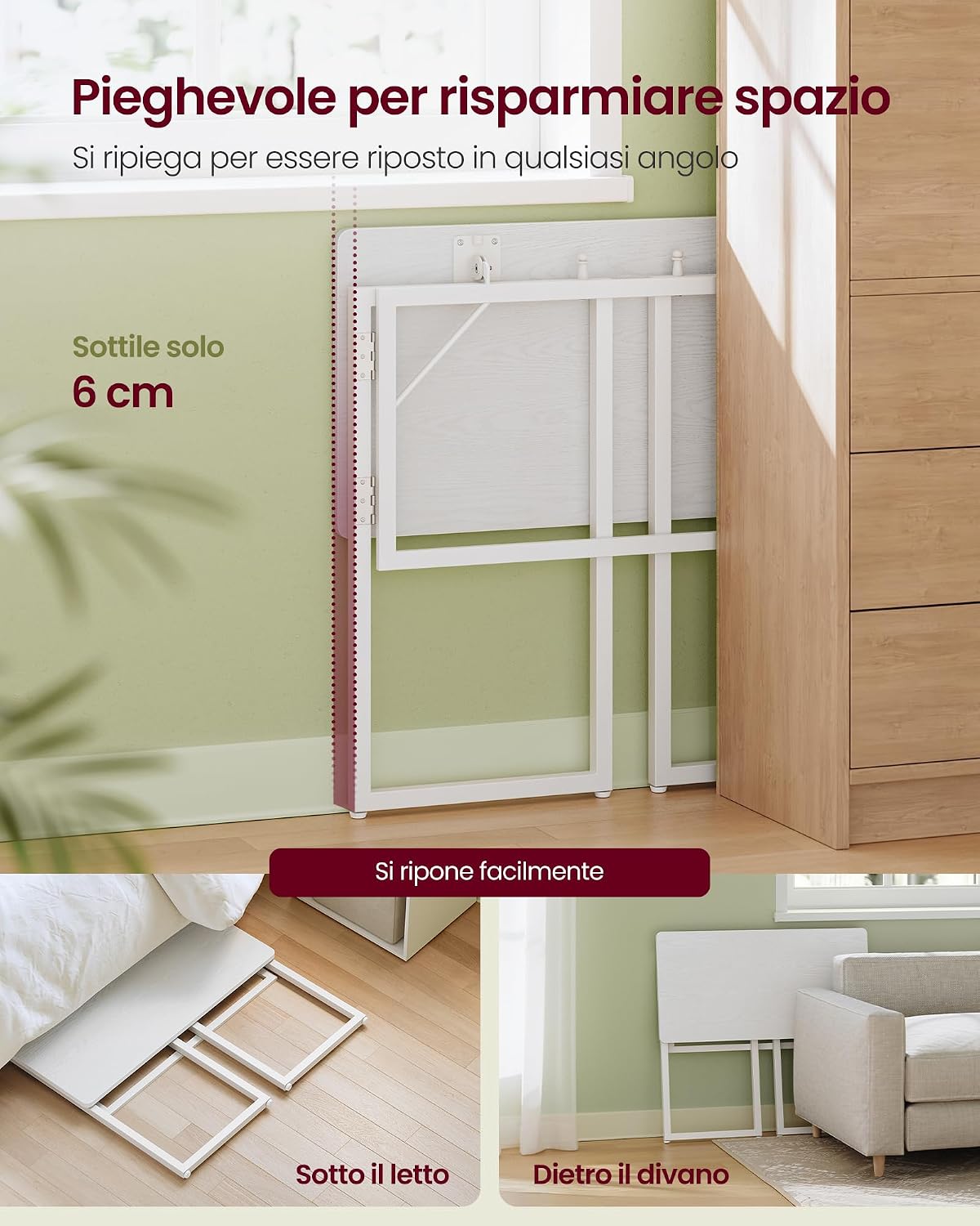 Detalle 2 de VASAGLE Scrivania per Computer Pieghevole LWD151WF01 — Piano unico, 80 x 40 cm, bianco neve
