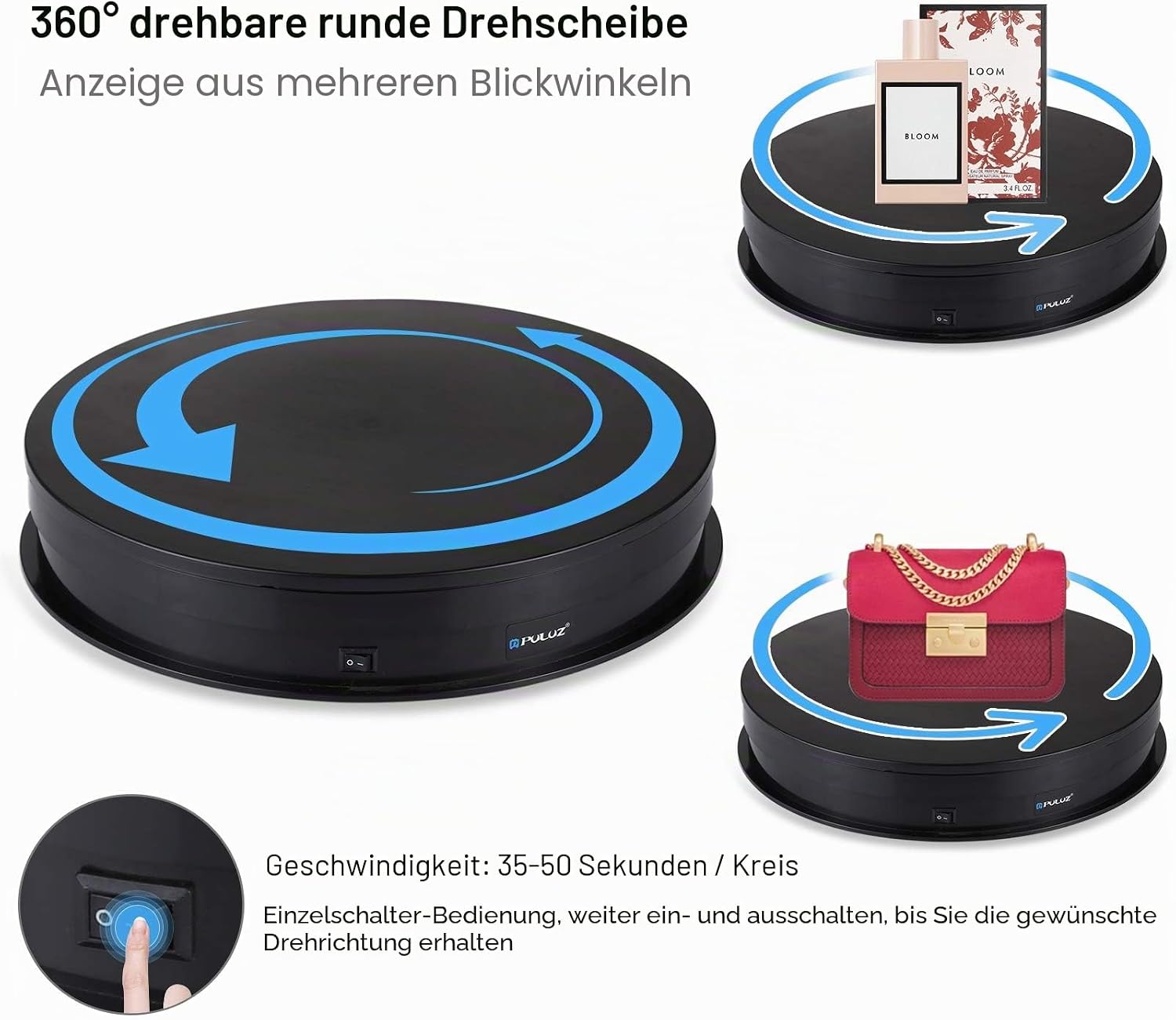 Thumbnail 4 de PULUZ 360 Grad Drehbarer Plattenspieler – 28 cm Drehteller mit Motor, USB-Betrieb