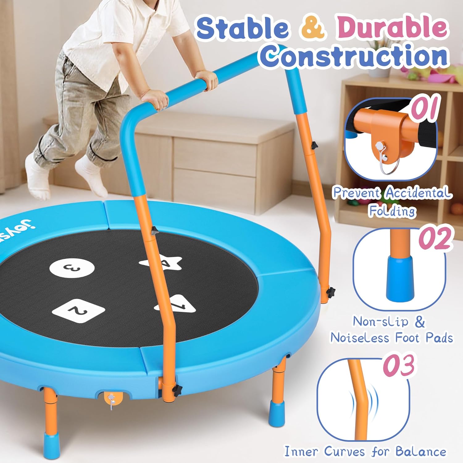 Thumbnail 1 de 3FT Toddler Trampoline with Adjustable Handlebar — Foldable, Noiseless, Safe & Sturdy for Ages 1-6