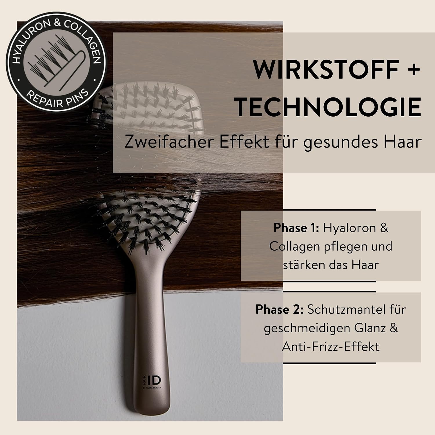 Detalle de PARSA Beauty Hair ID Anti-Frizz Haarbürste mit Wildschweinborsten für glatte, weniger frizzige Haare