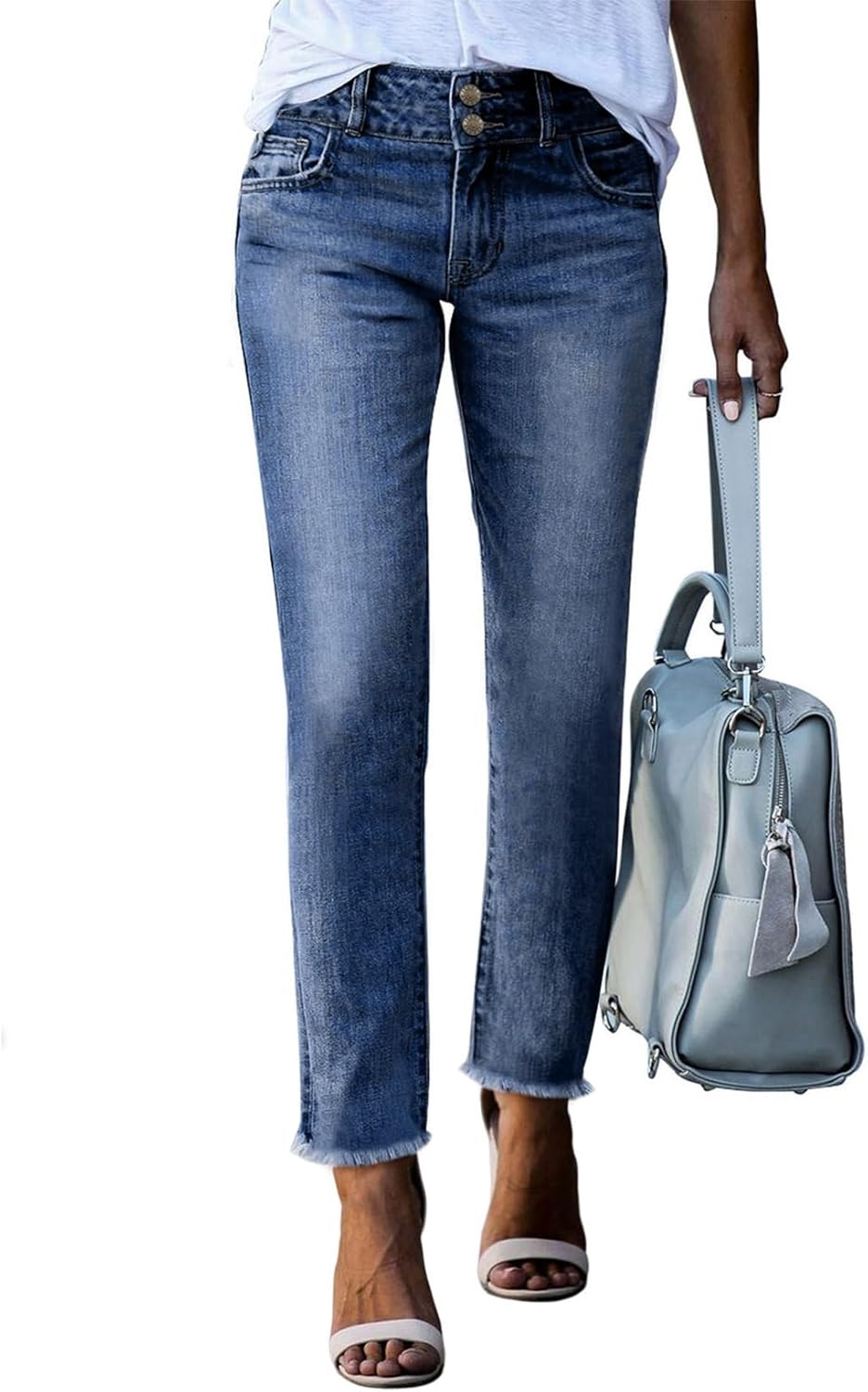 Detalle de Sidefeel Women’s High-Waisted Stretch Raw Hem Straight-Leg Ankle Jeans with Pockets