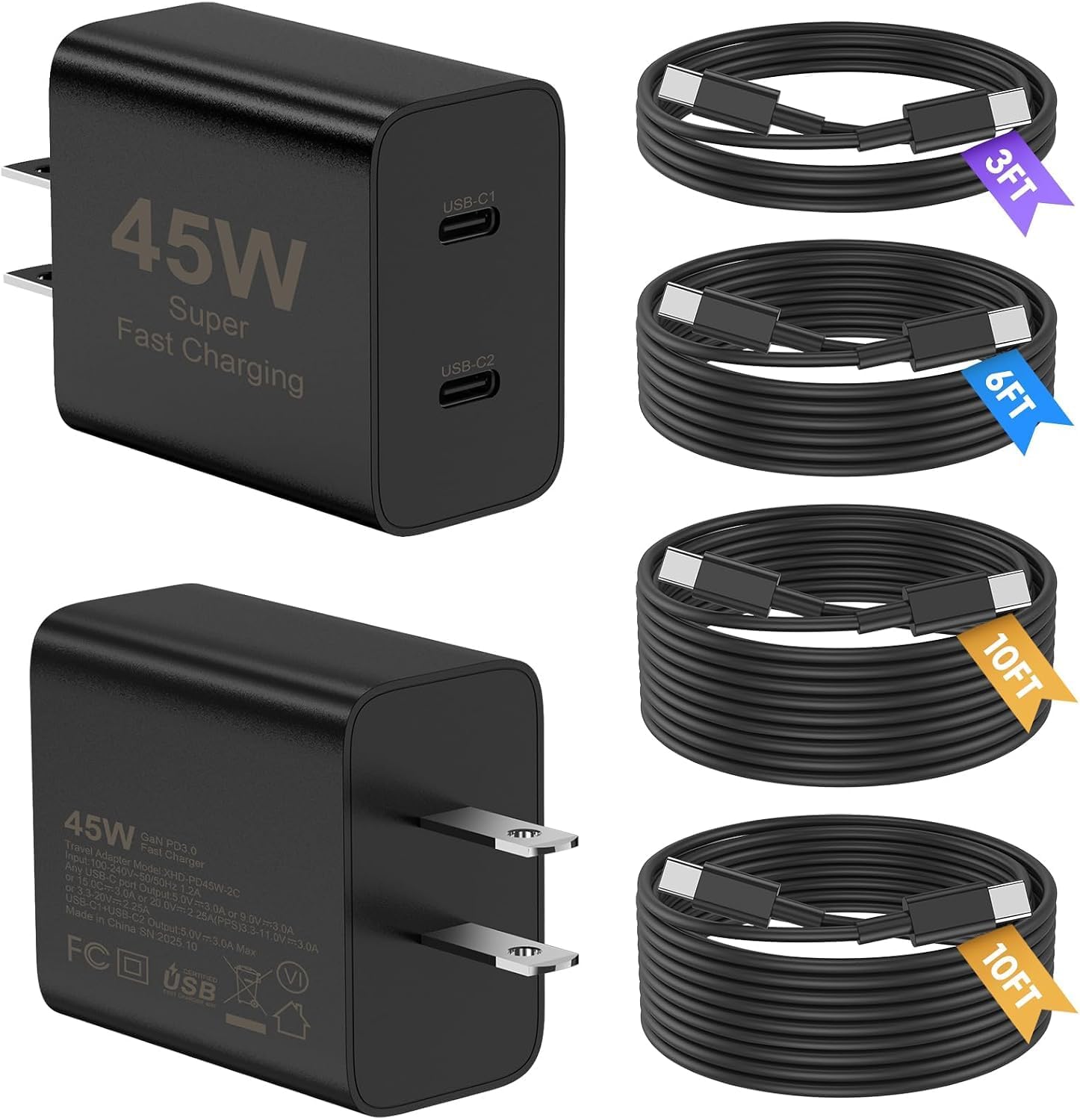 Detalle de Super Fast Samsung Type-C Charger 2-Pack (45W Dual Port) + 4 USB-C to USB-C Cables (60W) with Long 3/6/10/10FT
