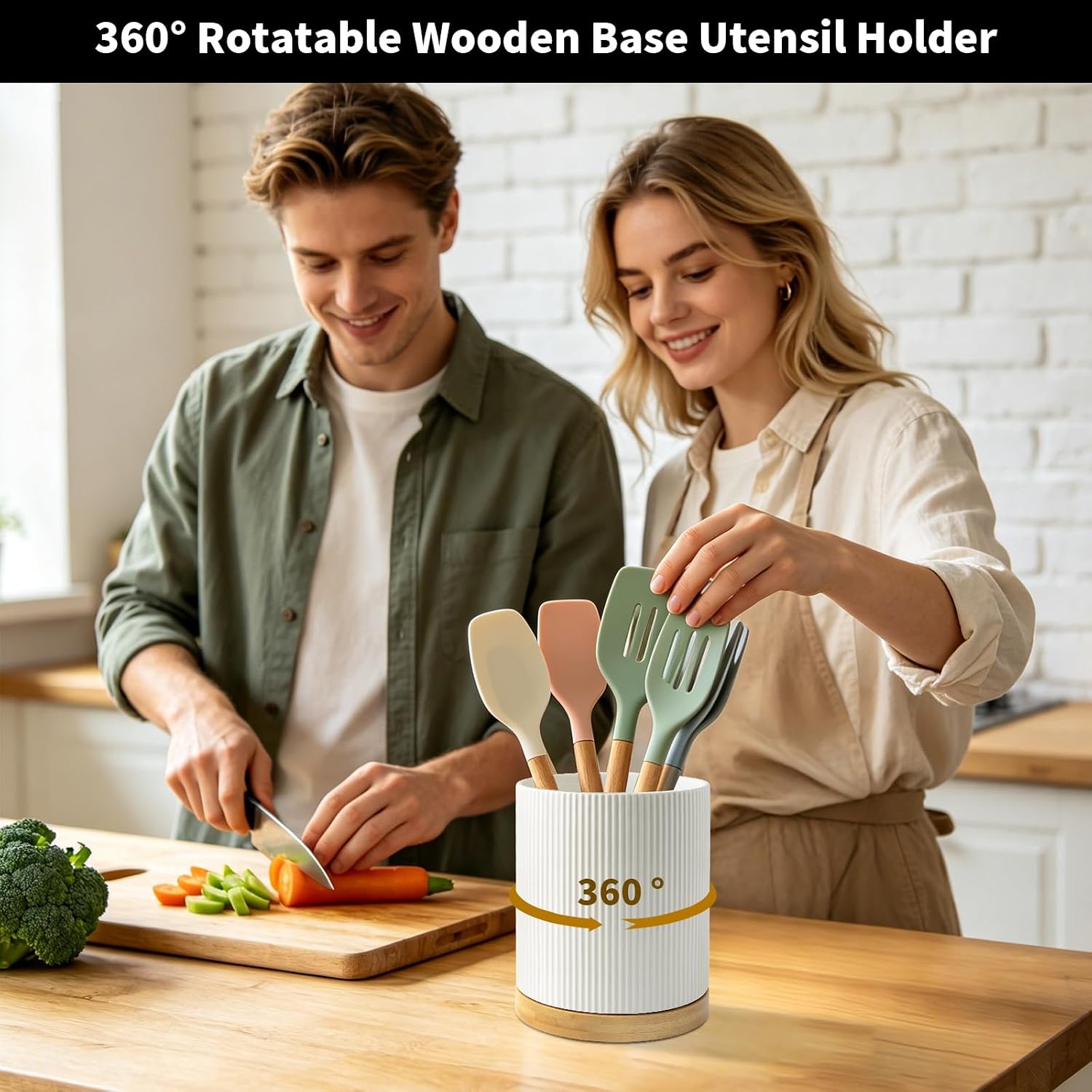 Detalle 2 de wishfly Porte-ustensiles Pivotant à 360° keramische keukengereihouder met houten voet