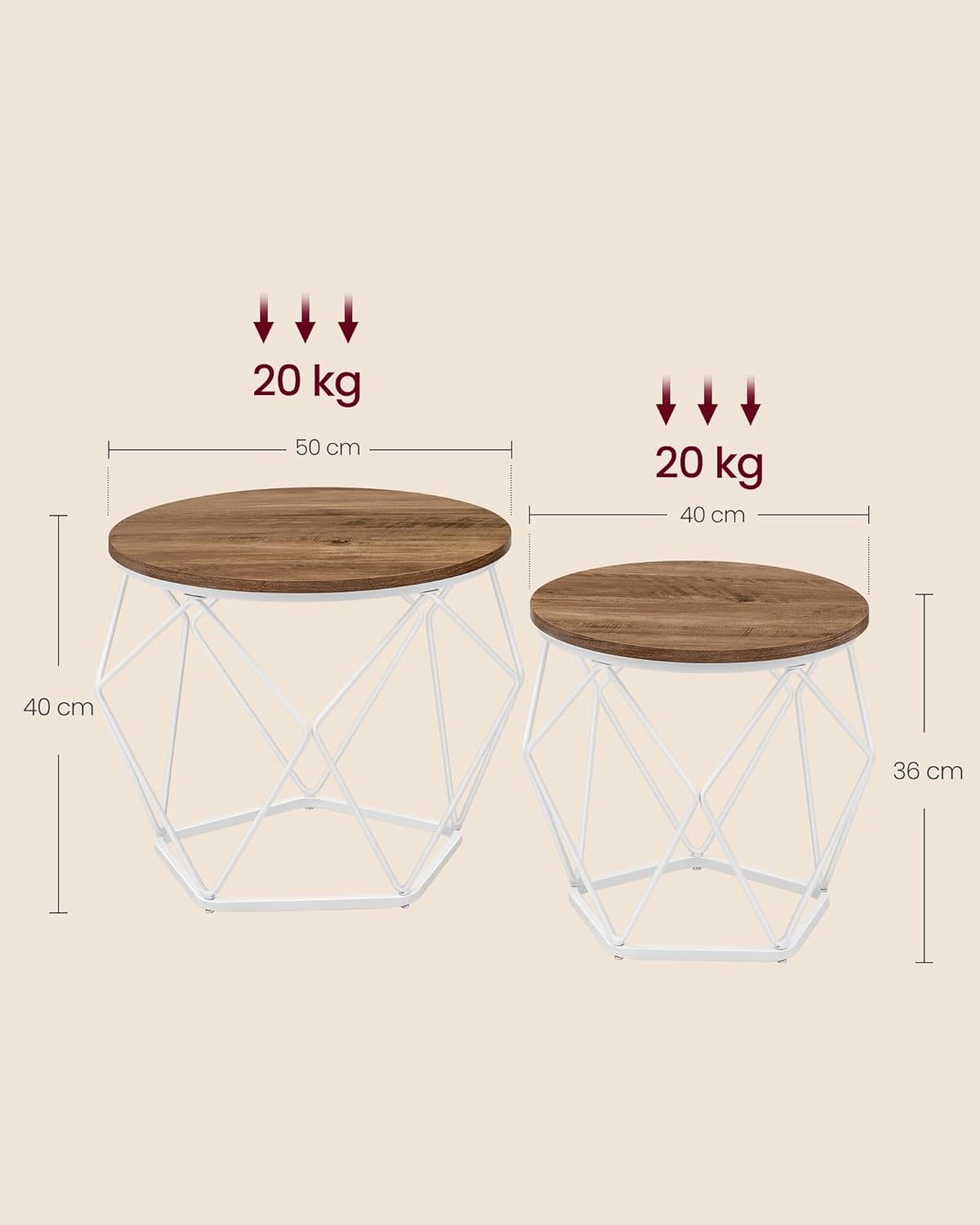 Detalle de VASAGLE Couchtisch rund im 2er-Set (abnehmbare Tischplatte) LET040K41 – honigbraun/wolkenweiß