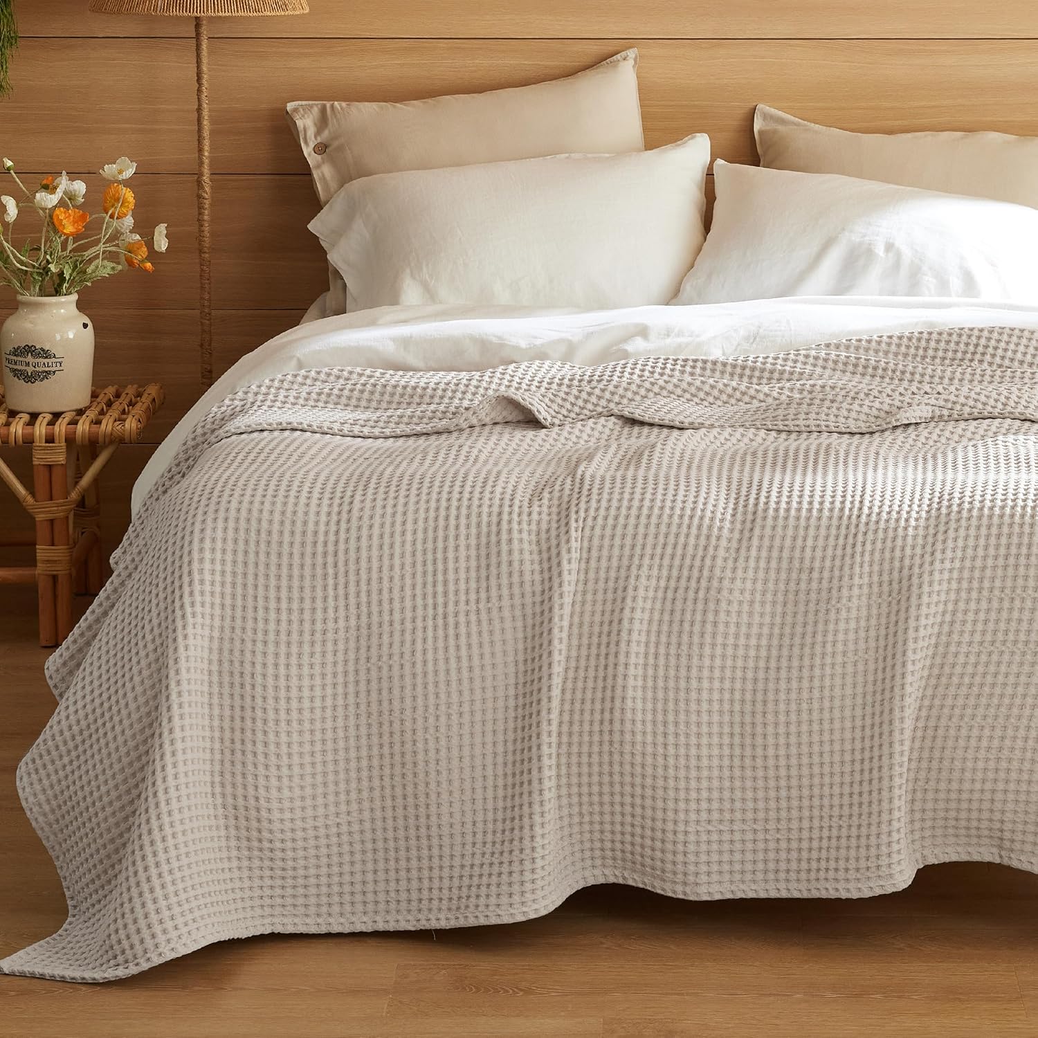 Detalle 1 de Bedsure Blanket-Cotton-Fine Waffle Cotton Blanket, Queen, Linen, 100% Cotton