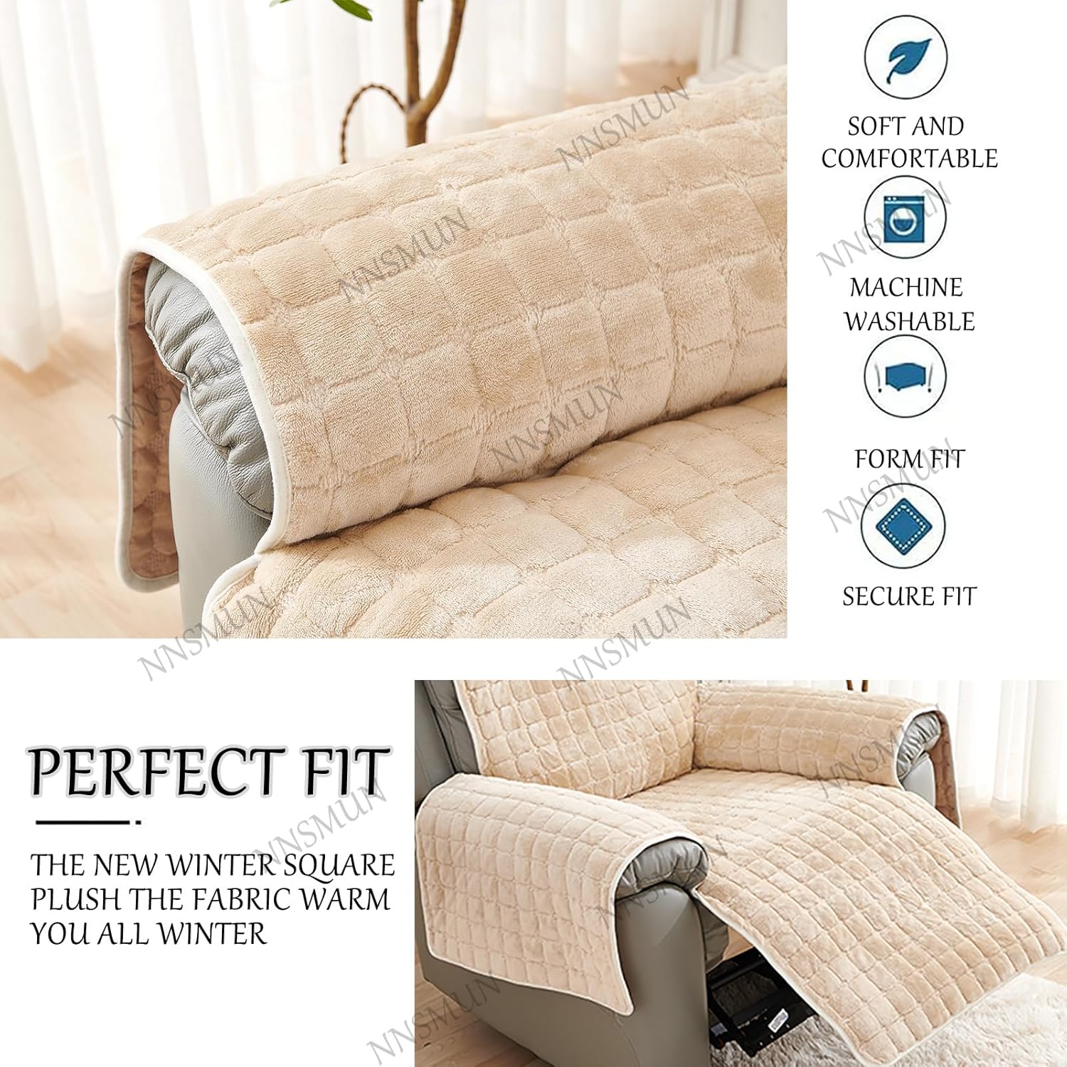 Thumbnail 3 de NNSMUN Sofa-/Sessel-Armlehnenbezüge & Relaxsessel-Schutzbezug (Anti-Rutsch, Beige, 2 Sitz, 116×190 cm)