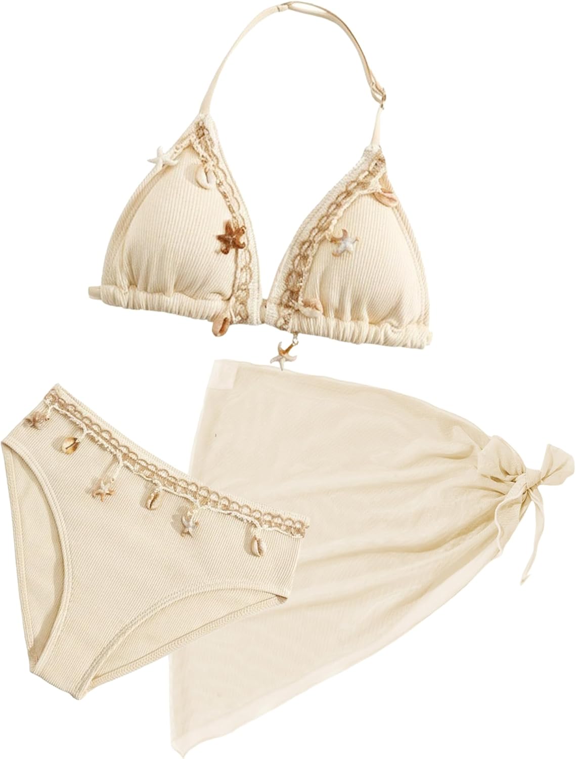 Thumbnail 6 de Girls 3-Piece Ribbed Bikini Set with Removable Chest Pads, Backless Halter Neck & Beach Skirt (Age 8–12 Years)