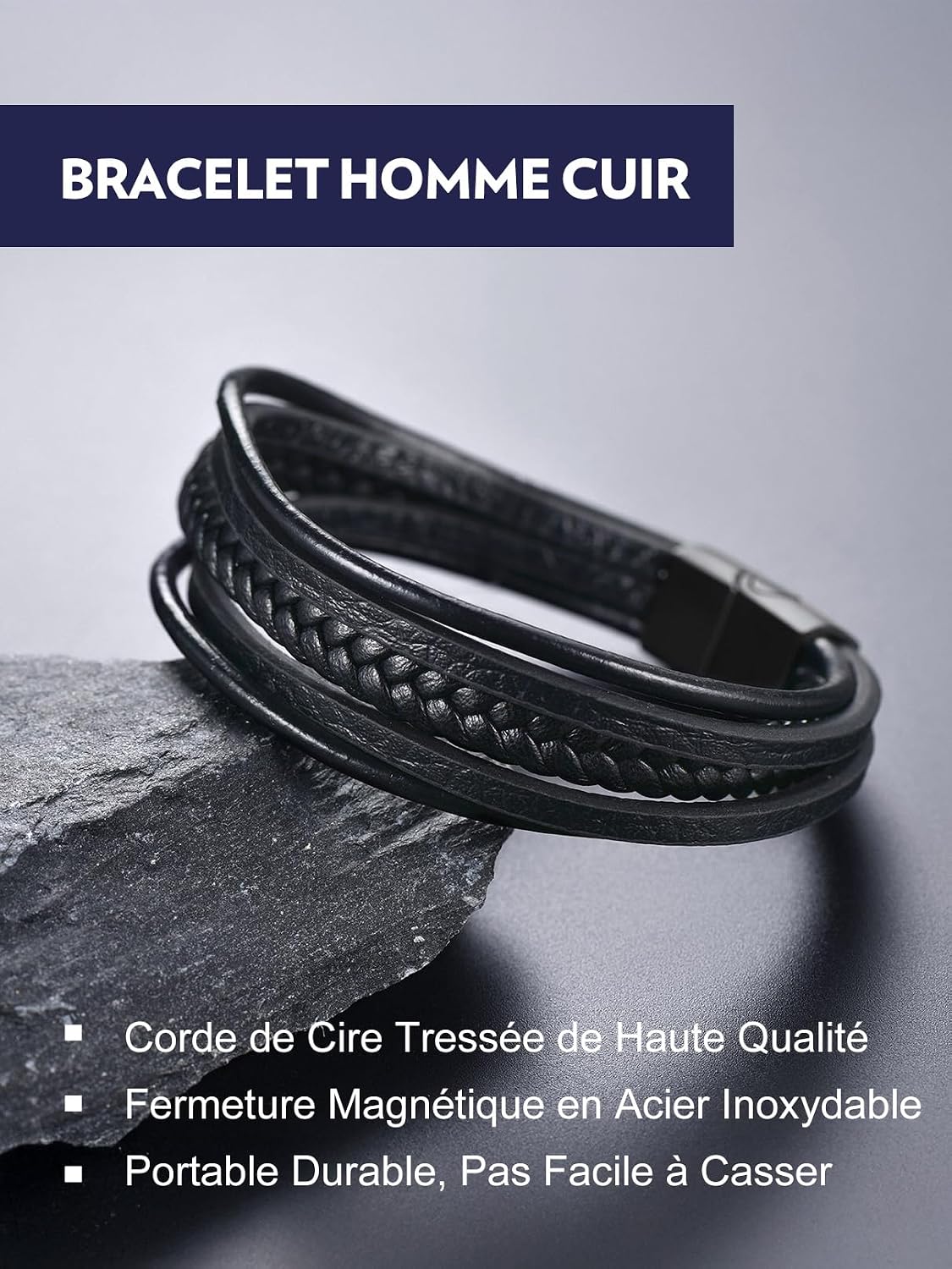 Detalle de Bandmax Bracelet Homme Cuir Tressé Noir/Marron – Bracelet Multi-Rang Tissé avec Fermoir Magnétique, 3 Longueurs Disponibles