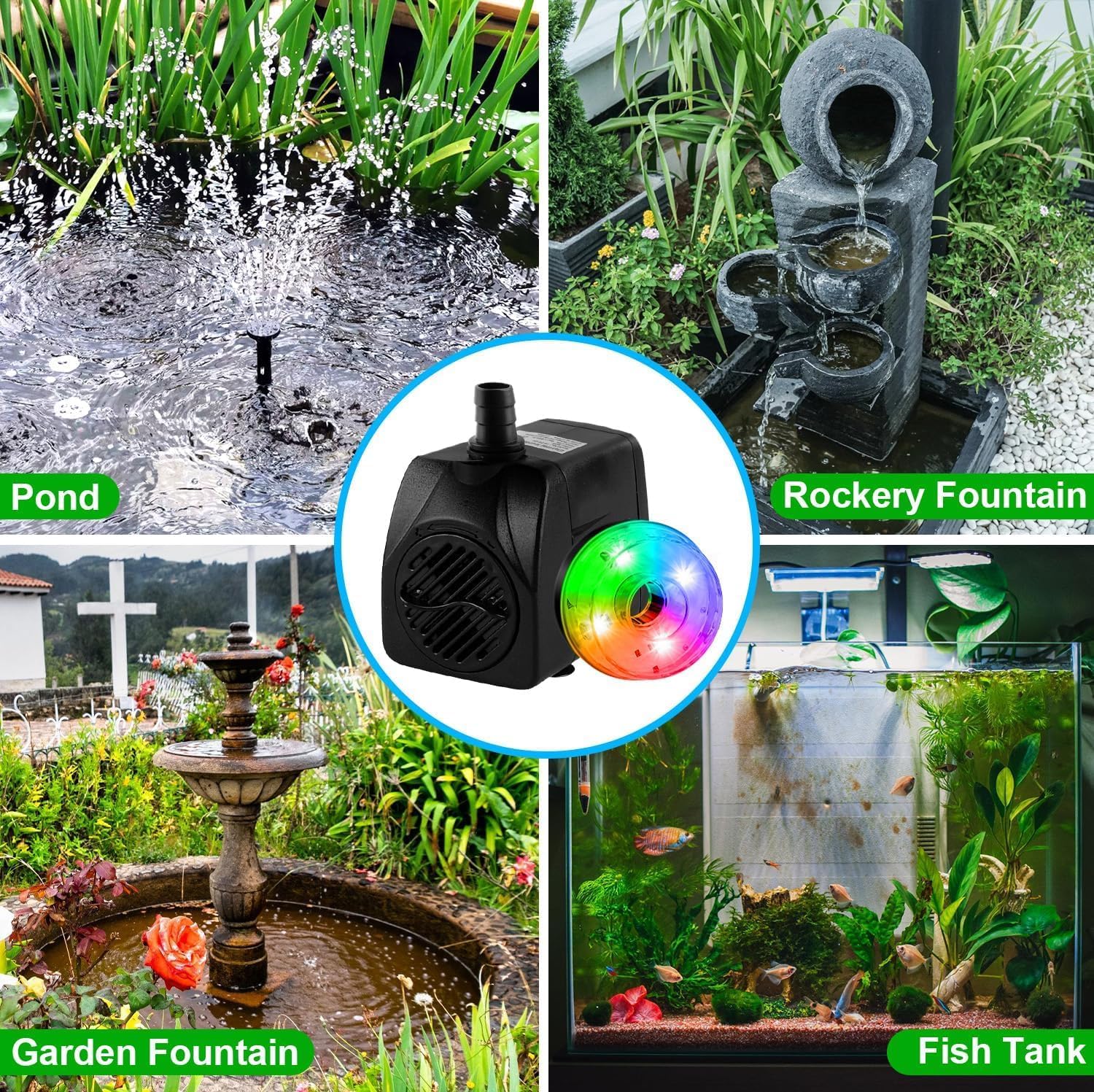Detalle de NATPOW Submersible Water Pump — 800L/H with RGB LED Lights, 4 Nozzles and 3m Cable